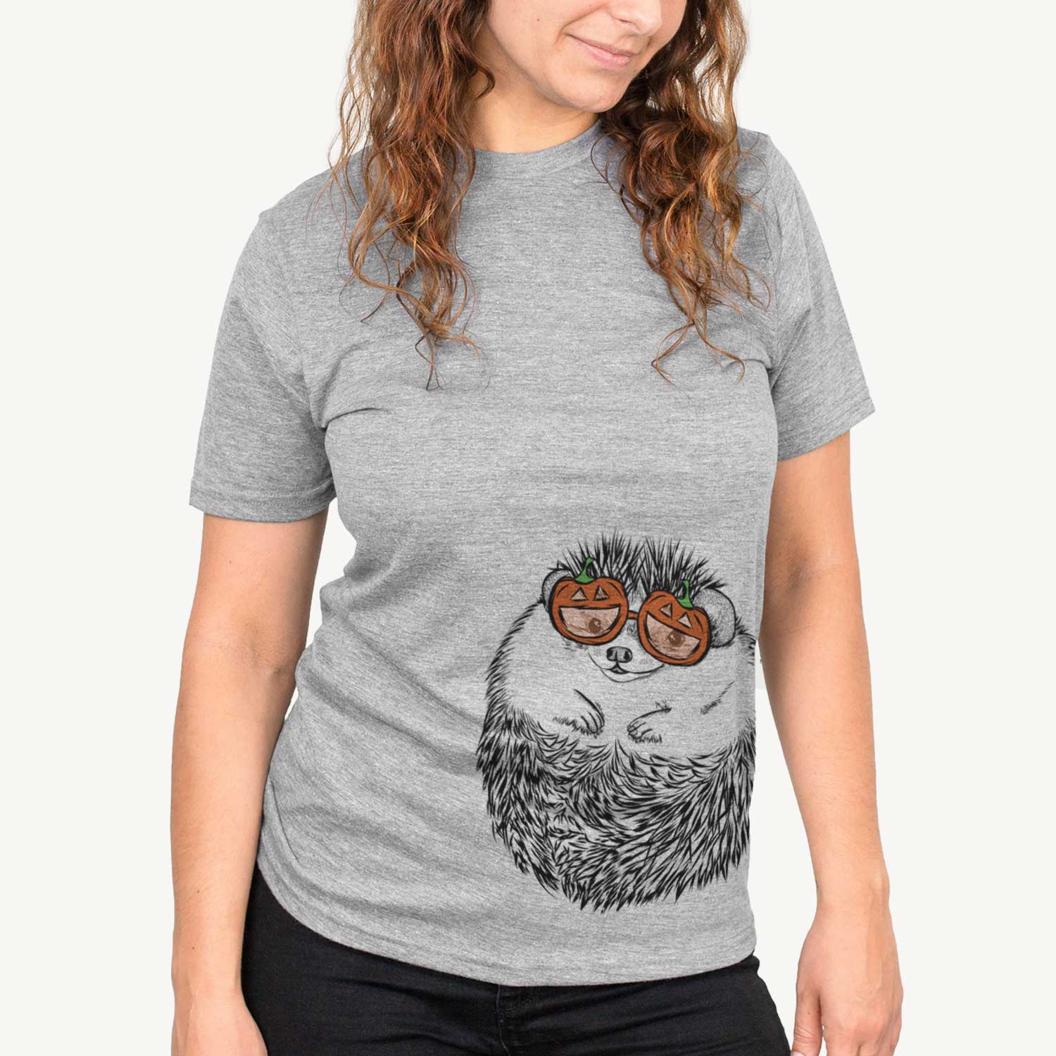 Hand-drawn sketch of Sid the Hedgehog wearing pumpkin glasses on a Grey pumpkin collection