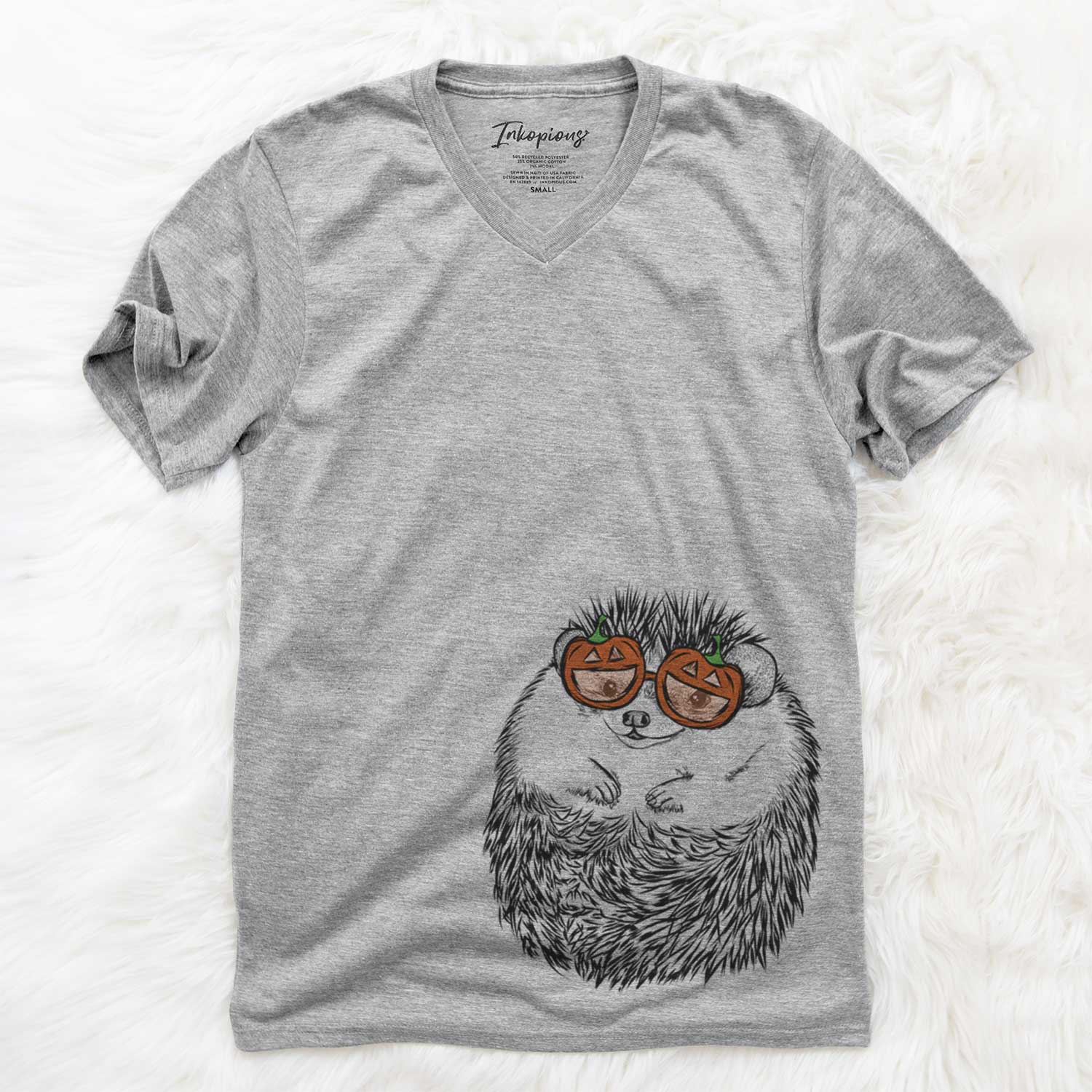 Hand-drawn sketch of Sid the Hedgehog wearing pumpkin glasses on a Grey pumpkin collection