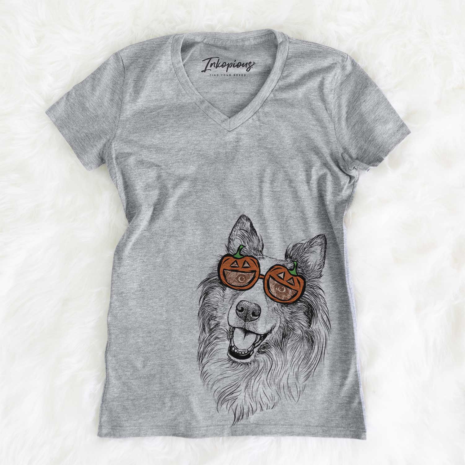 Hand-drawn sketch of Skylar the Shetland Sheepdog wearing pumpkin glasses on a Grey pumpkin collection
