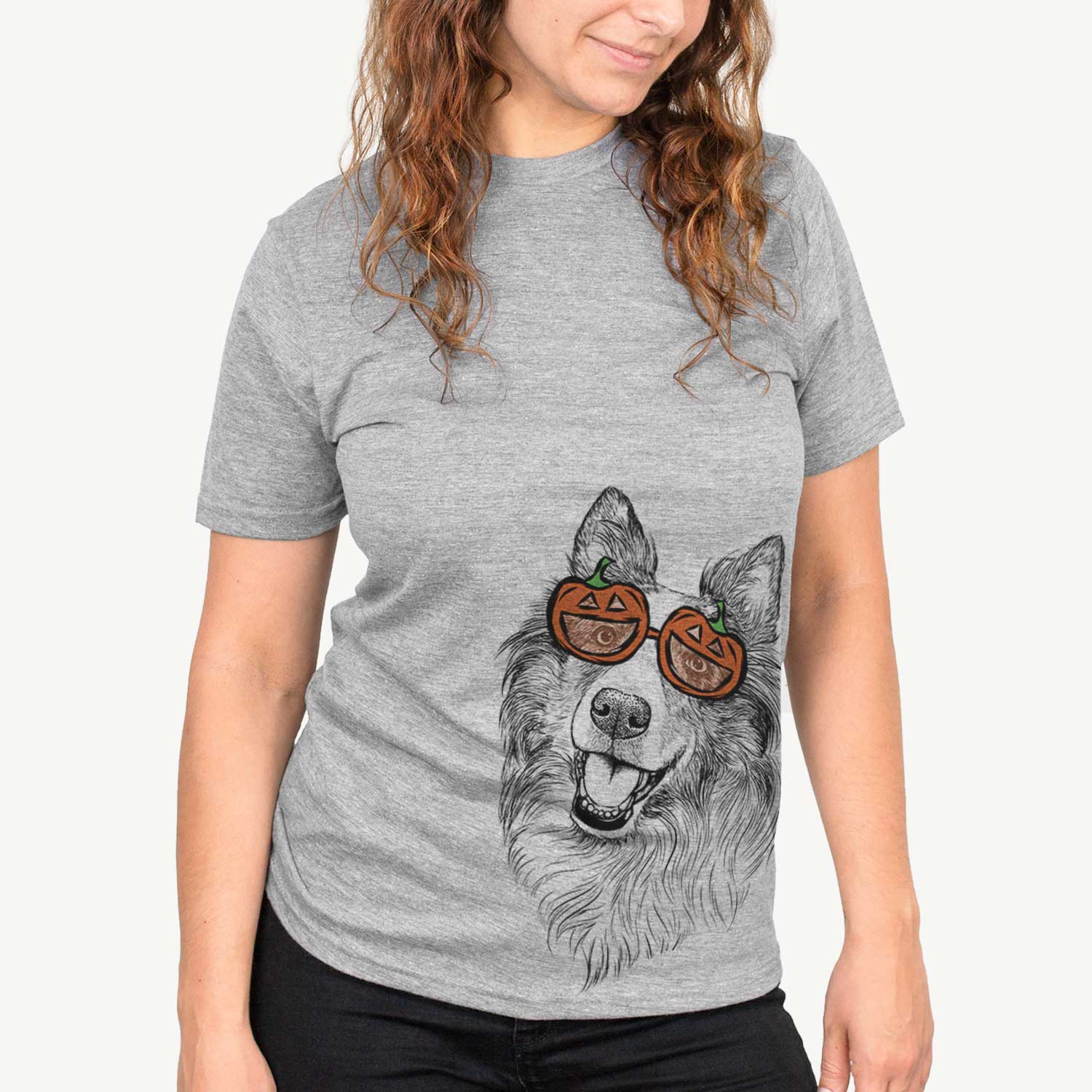 Hand-drawn sketch of Skylar the Shetland Sheepdog wearing pumpkin glasses on a Grey pumpkin collection