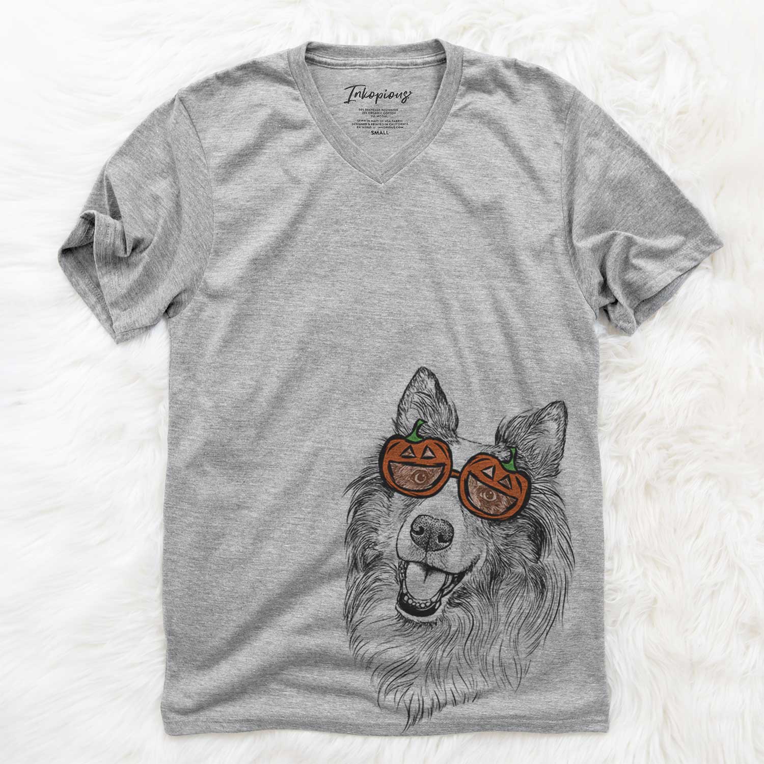 Hand-drawn sketch of Skylar the Shetland Sheepdog wearing pumpkin glasses on a Grey pumpkin collection