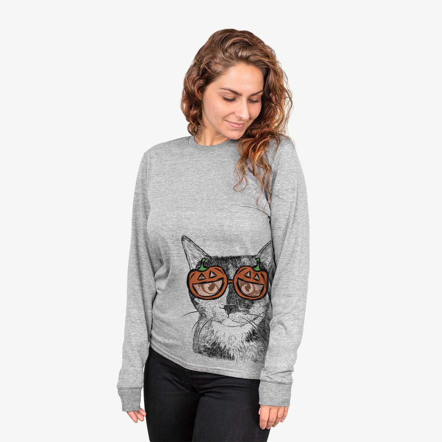 Hand-drawn sketch of Spooky Kitty the Tortoiseshell Cat wearing pumpkin glasses on a Grey pumpkin collection