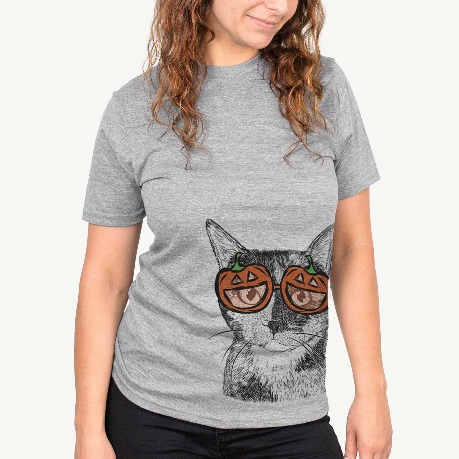 Hand-drawn sketch of Spooky Kitty the Tortoiseshell Cat wearing pumpkin glasses on a Grey pumpkin collection