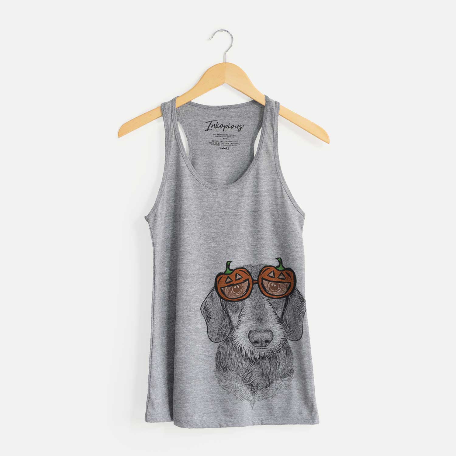 Hand-drawn sketch of Truman the Wirehaired Dachshund wearing pumpkin glasses on a Grey pumpkin collection