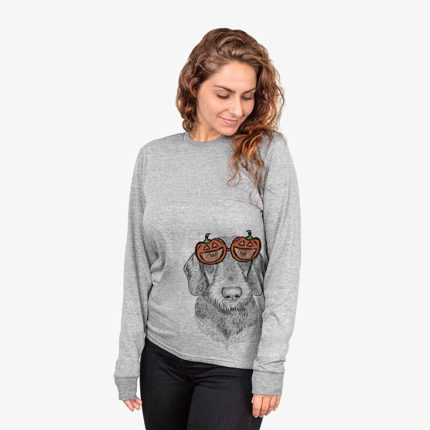 Hand-drawn sketch of Truman the Wirehaired Dachshund wearing pumpkin glasses on a Grey pumpkin collection