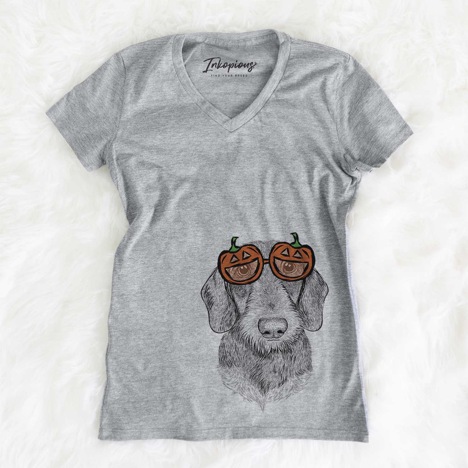 Hand-drawn sketch of Truman the Wirehaired Dachshund wearing pumpkin glasses on a Grey pumpkin collection