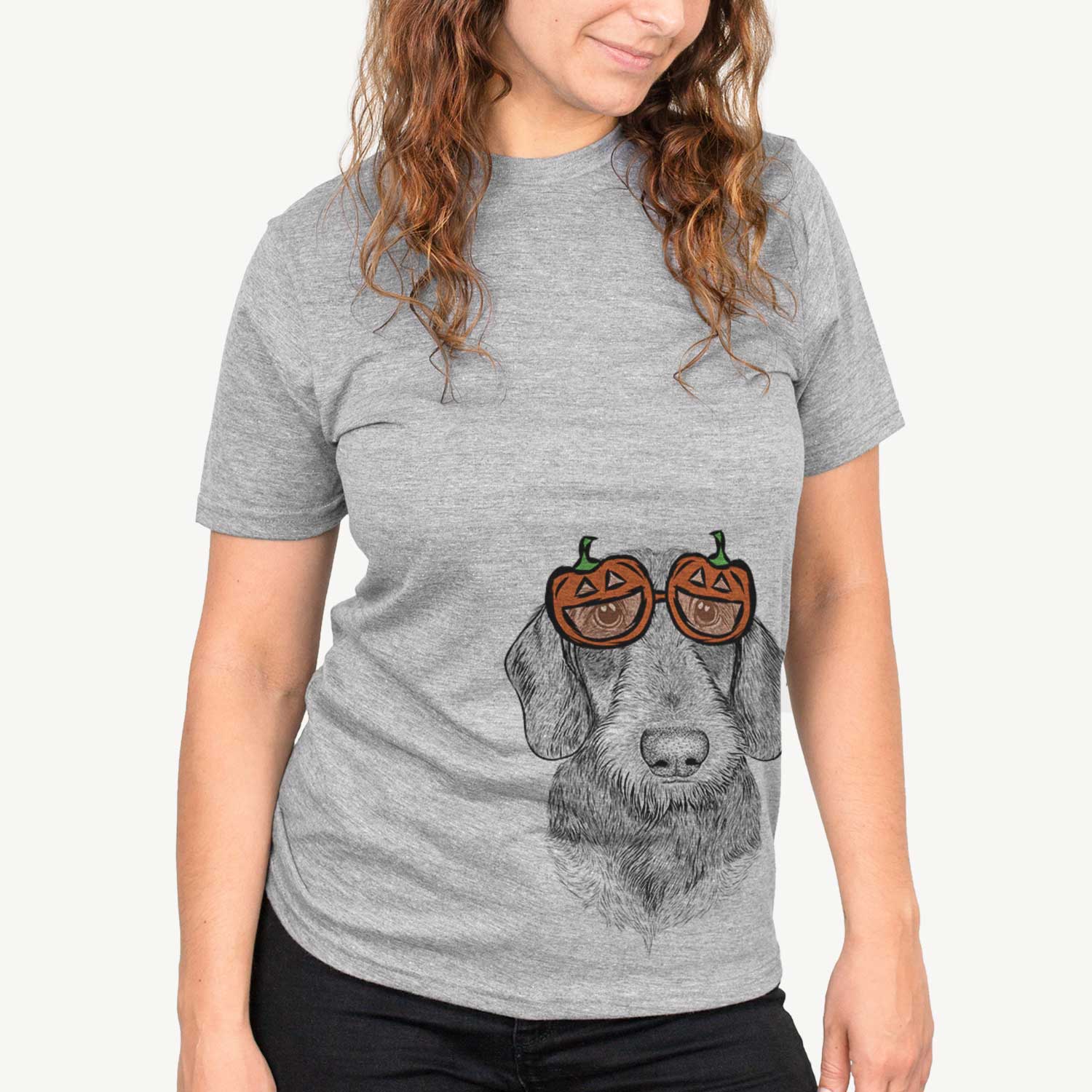 Hand-drawn sketch of Truman the Wirehaired Dachshund wearing pumpkin glasses on a Grey pumpkin collection
