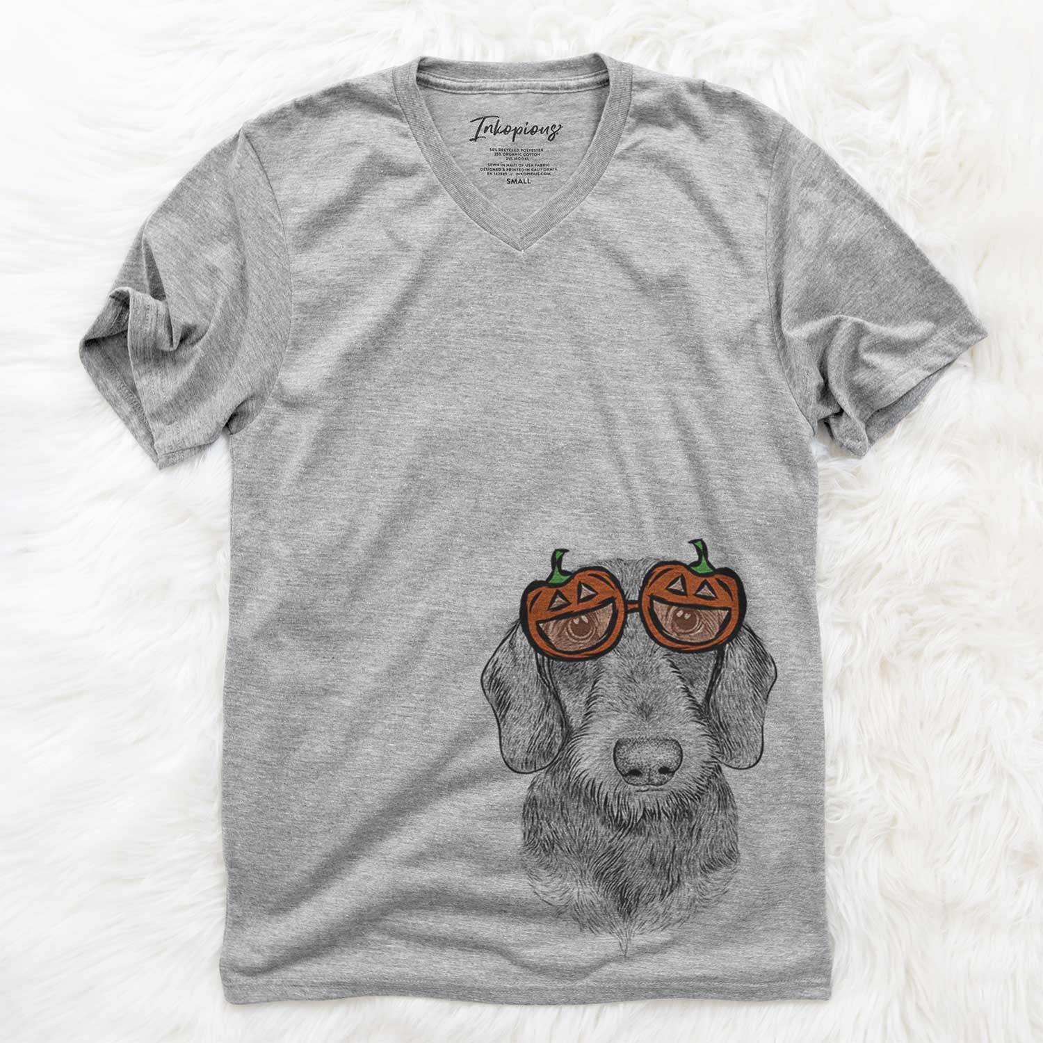 Hand-drawn sketch of Truman the Wirehaired Dachshund wearing pumpkin glasses on a Grey pumpkin collection