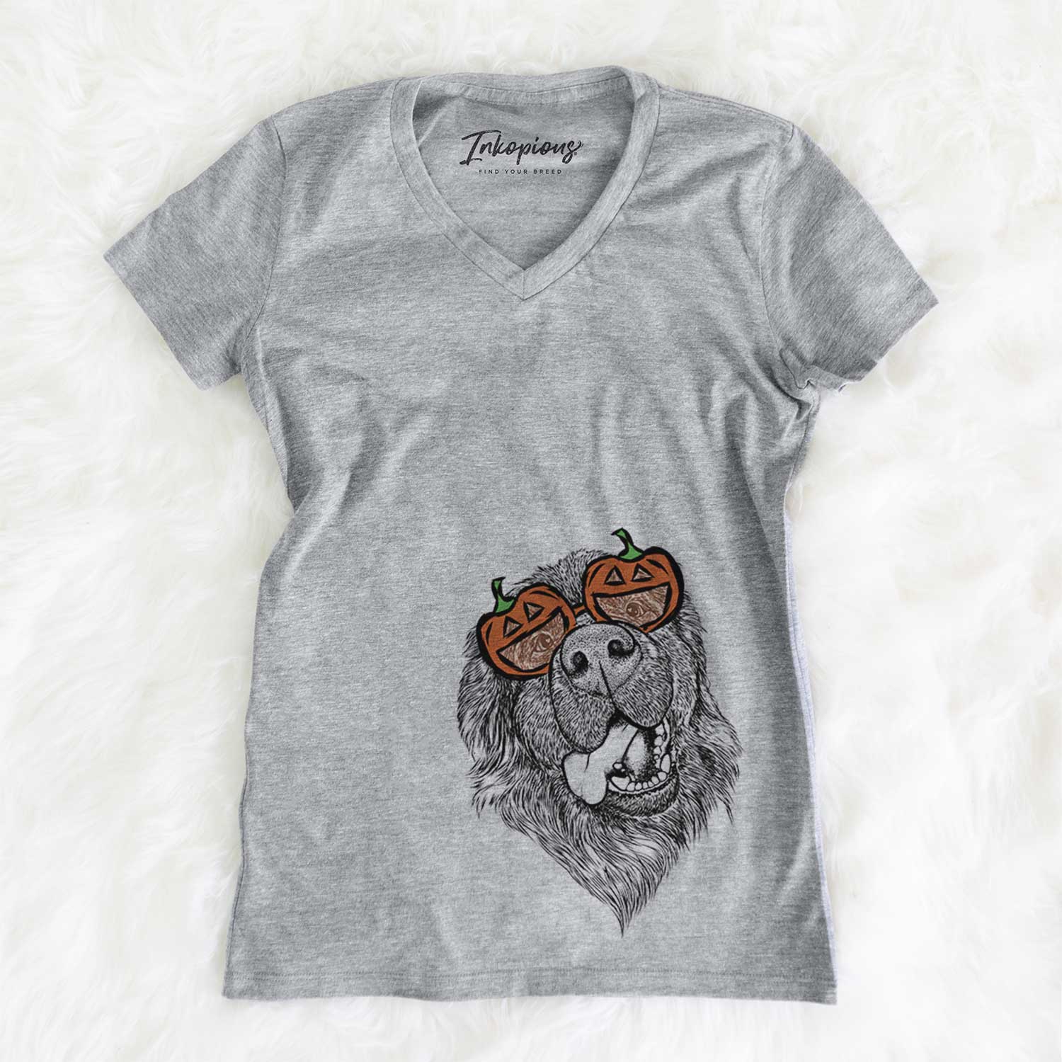 Hand-drawn sketch of Tuna the Newfoundland wearing pumpkin glasses on a Grey pumpkin collection