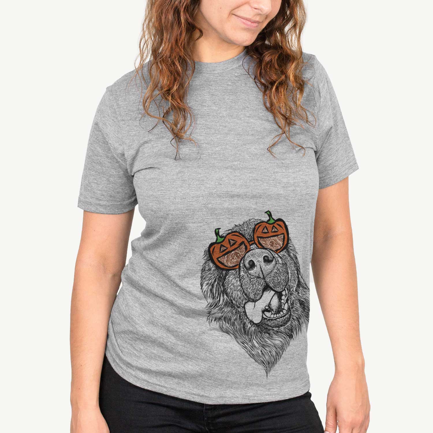 Hand-drawn sketch of Tuna the Newfoundland wearing pumpkin glasses on a Grey pumpkin collection