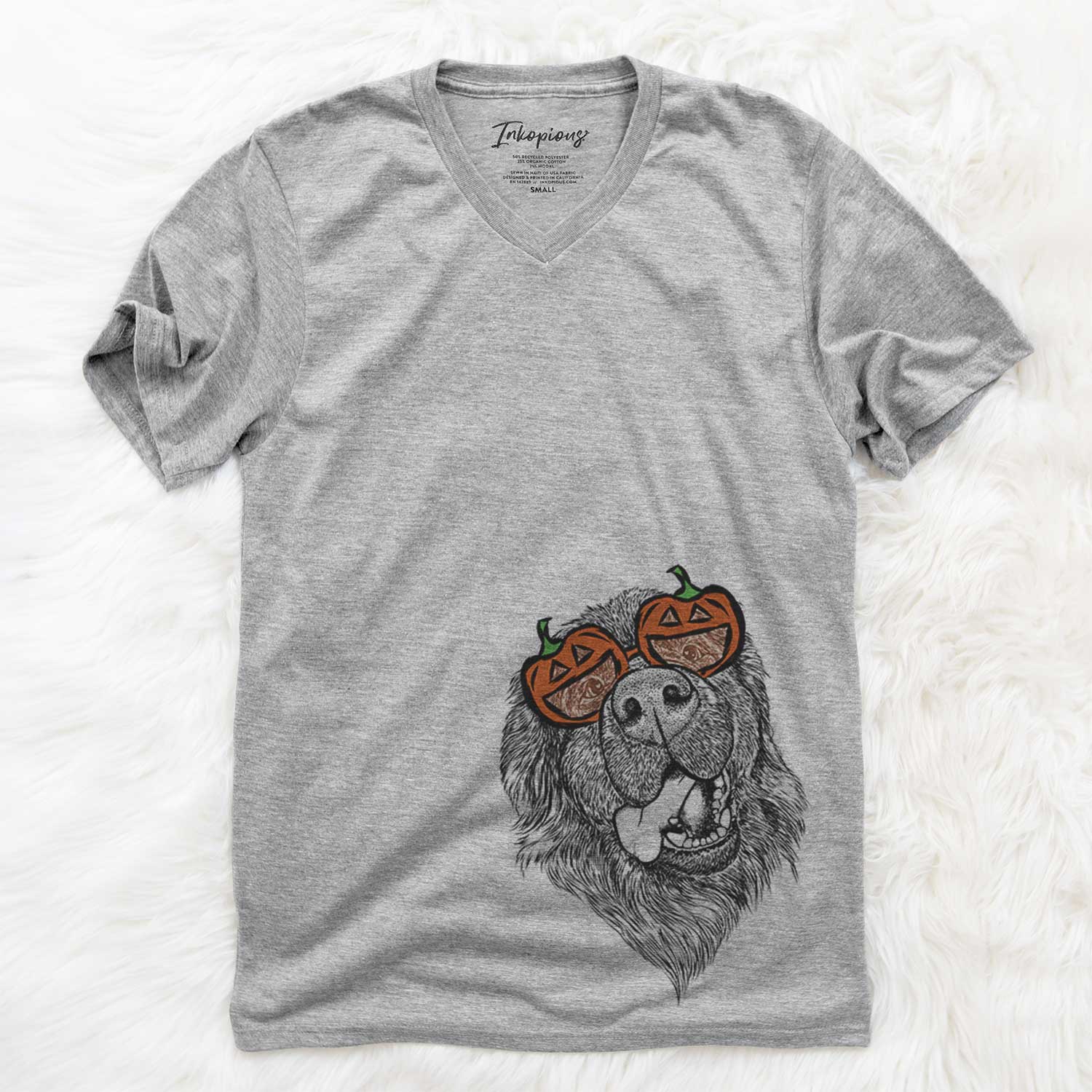 Hand-drawn sketch of Tuna the Newfoundland wearing pumpkin glasses on a Grey pumpkin collection