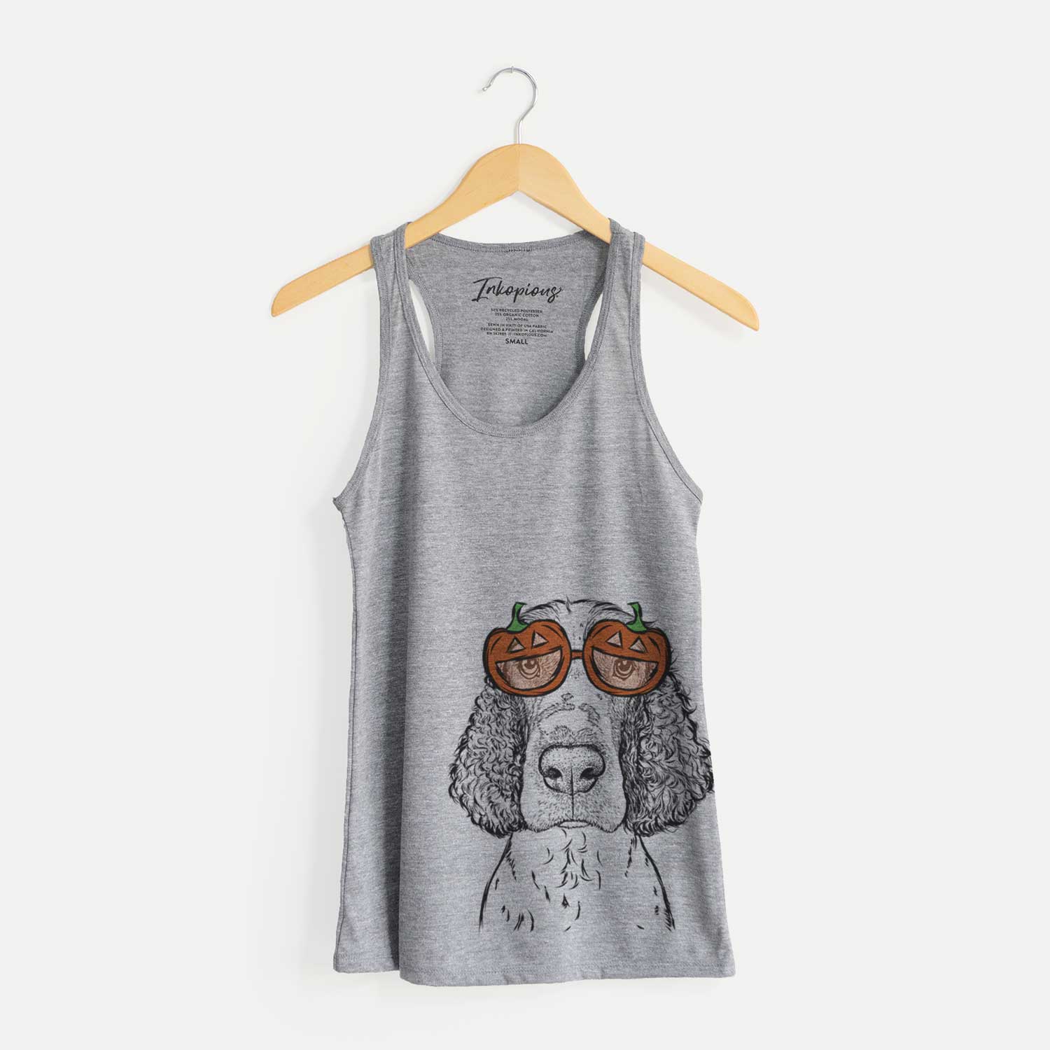 Hand-drawn sketch of Wilbur the English Springer Spaniel wearing pumpkin glasses on a Grey pumpkin collection