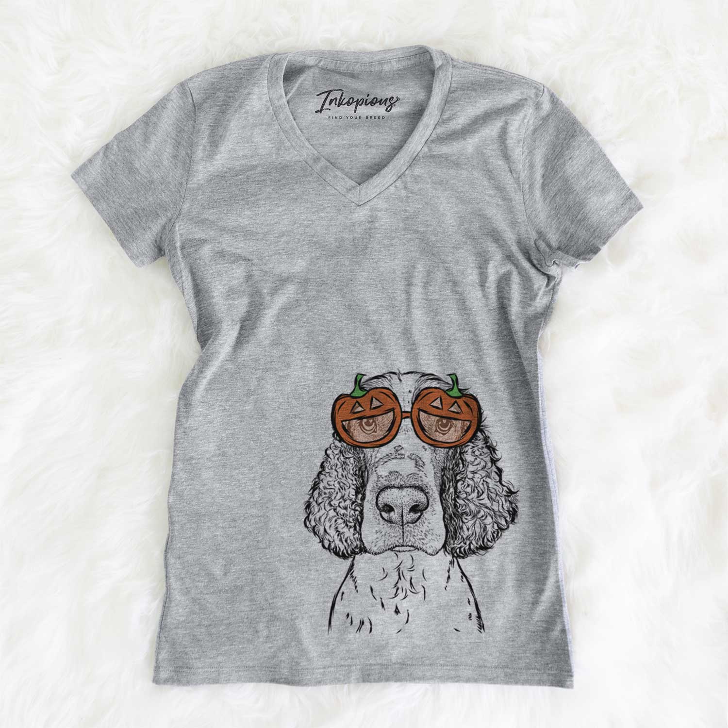 Hand-drawn sketch of Wilbur the English Springer Spaniel wearing pumpkin glasses on a Grey pumpkin collection