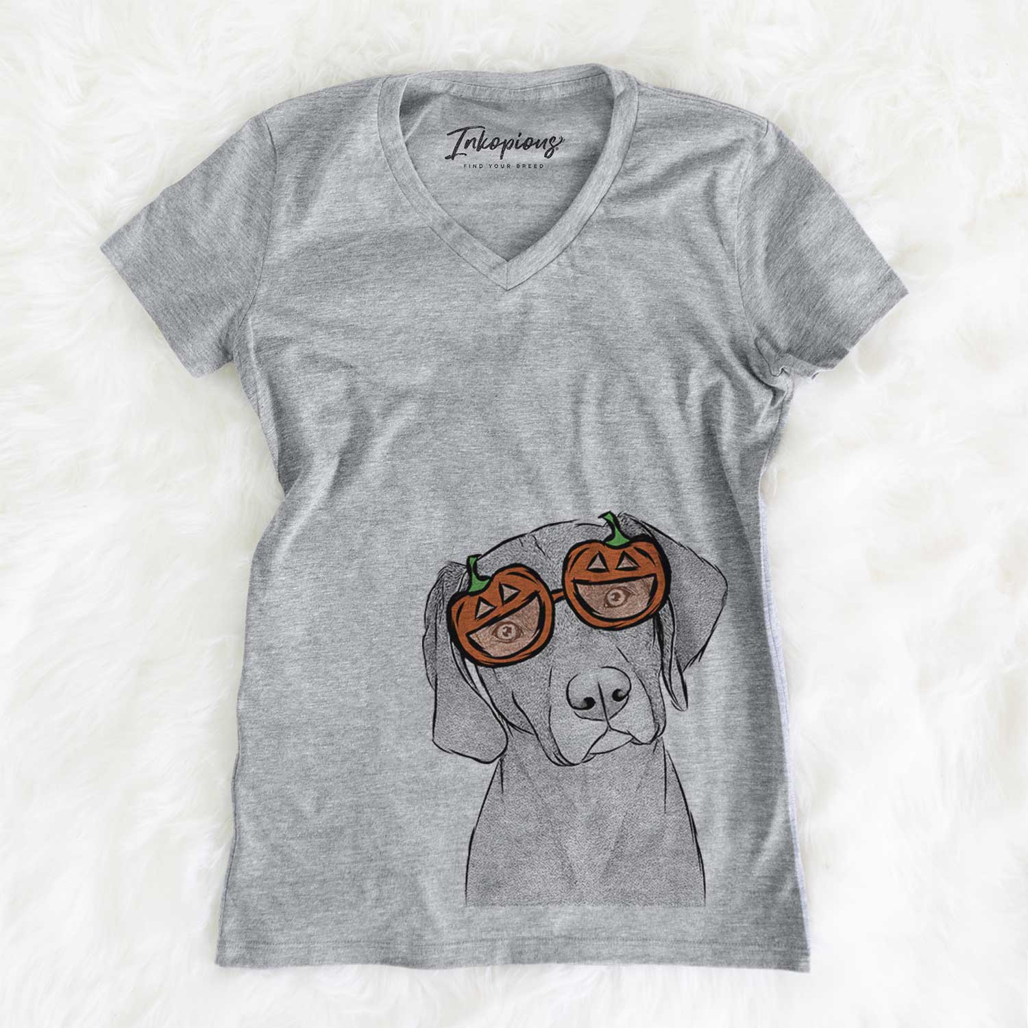 Hand-drawn sketch of Willow the Weizsla wearing pumpkin glasses on a Grey pumpkin collection