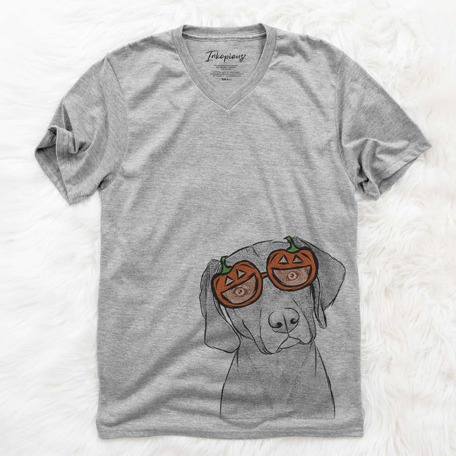 Hand-drawn sketch of Willow the Weizsla wearing pumpkin glasses on a Grey pumpkin collection