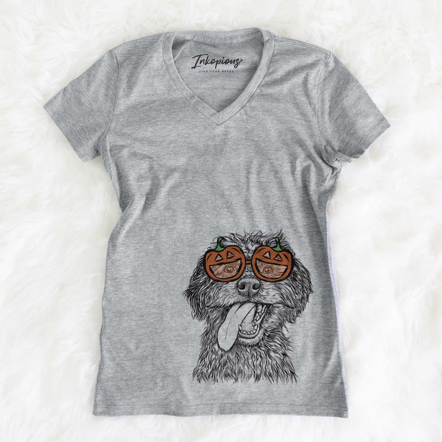 Hand-drawn sketch of Winnie the Mini Aussiedoodle wearing pumpkin glasses on a Grey pumpkin collection