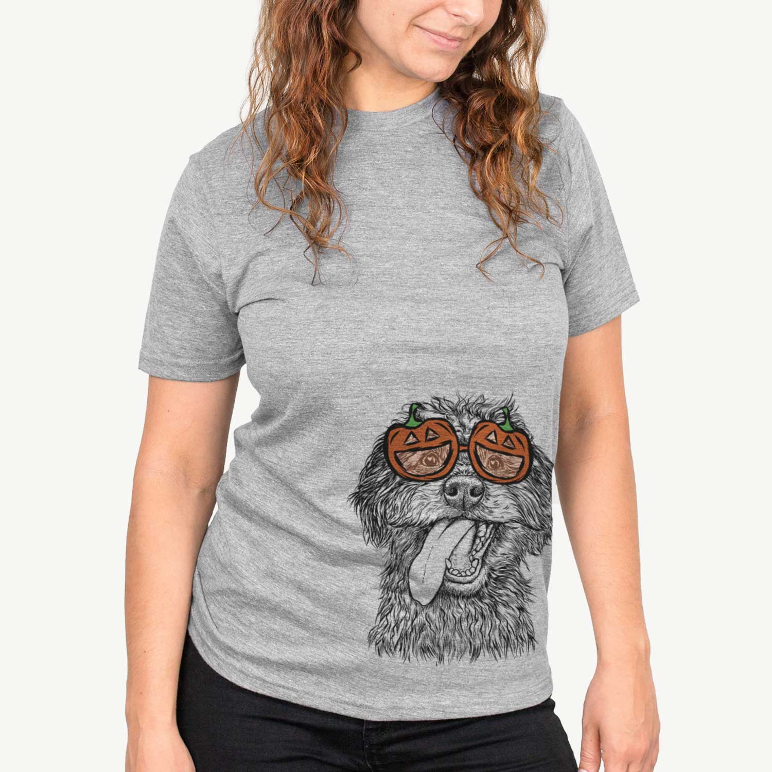 Hand-drawn sketch of Winnie the Mini Aussiedoodle wearing pumpkin glasses on a Grey pumpkin collection