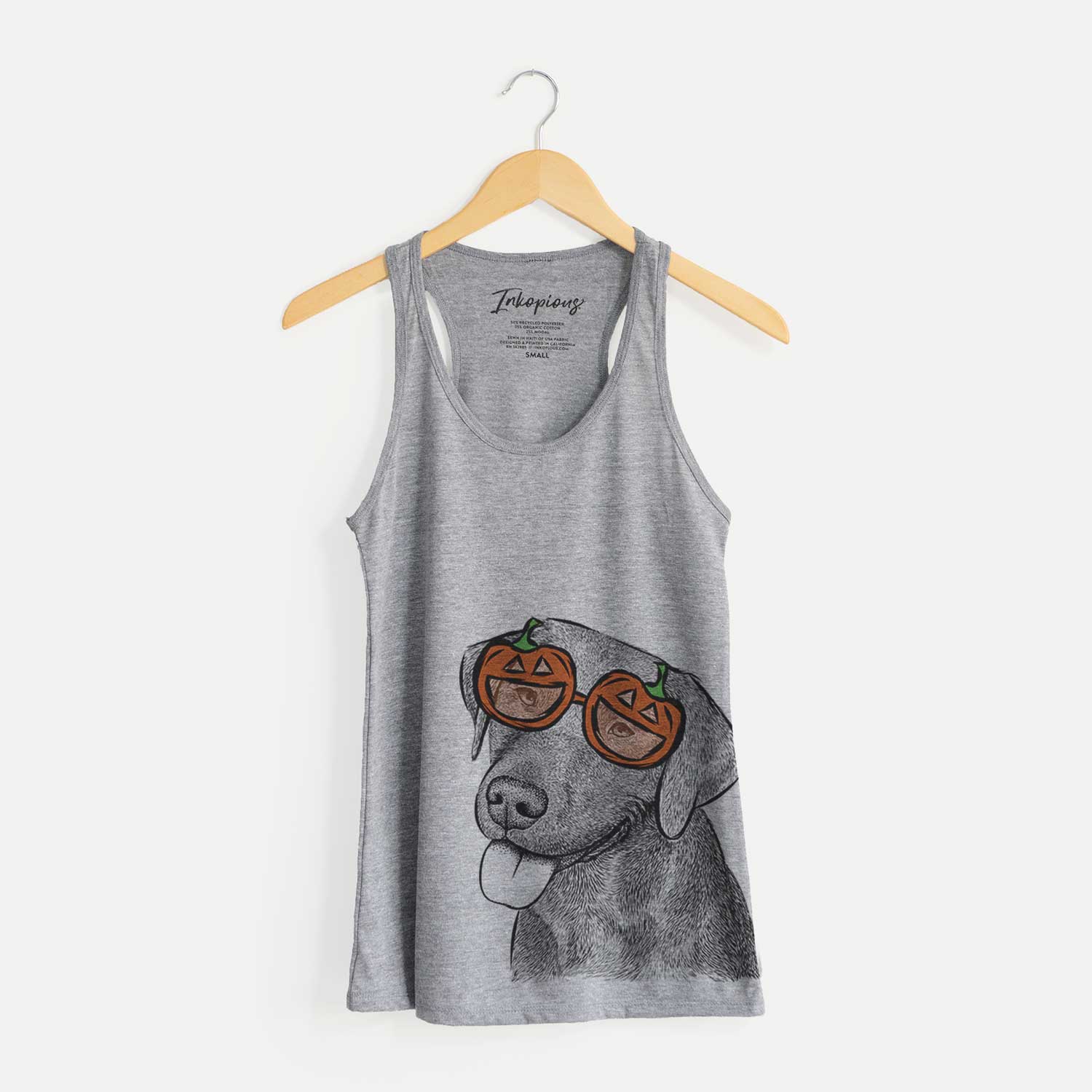 Hand-drawn sketch of Zeppelin the Black Labrador wearing pumpkin glasses on a Grey pumpkin collection