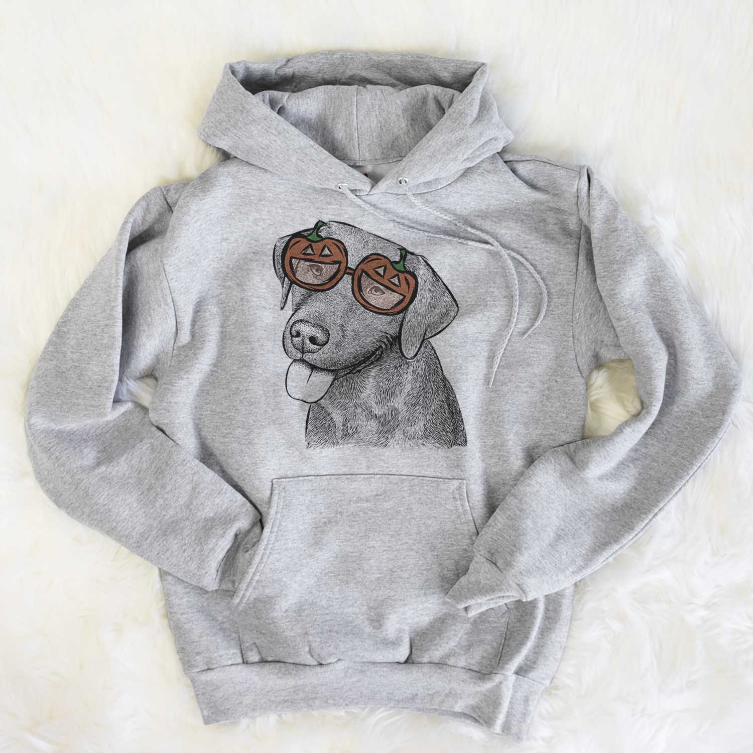 Hand-drawn sketch of Zeppelin the Black Labrador wearing pumpkin glasses on a Grey pumpkin collection, flat lay