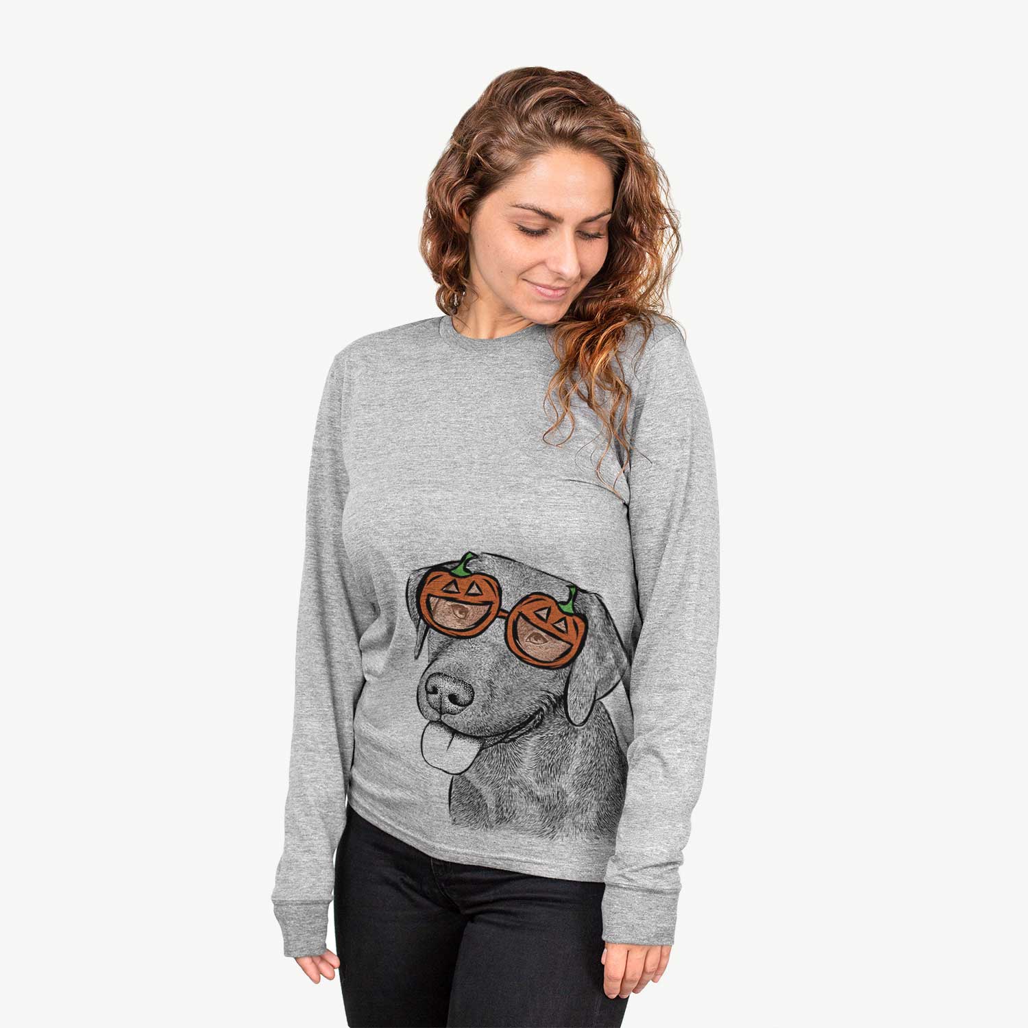 Hand-drawn sketch of Zeppelin the Black Labrador wearing pumpkin glasses on a Grey pumpkin collection