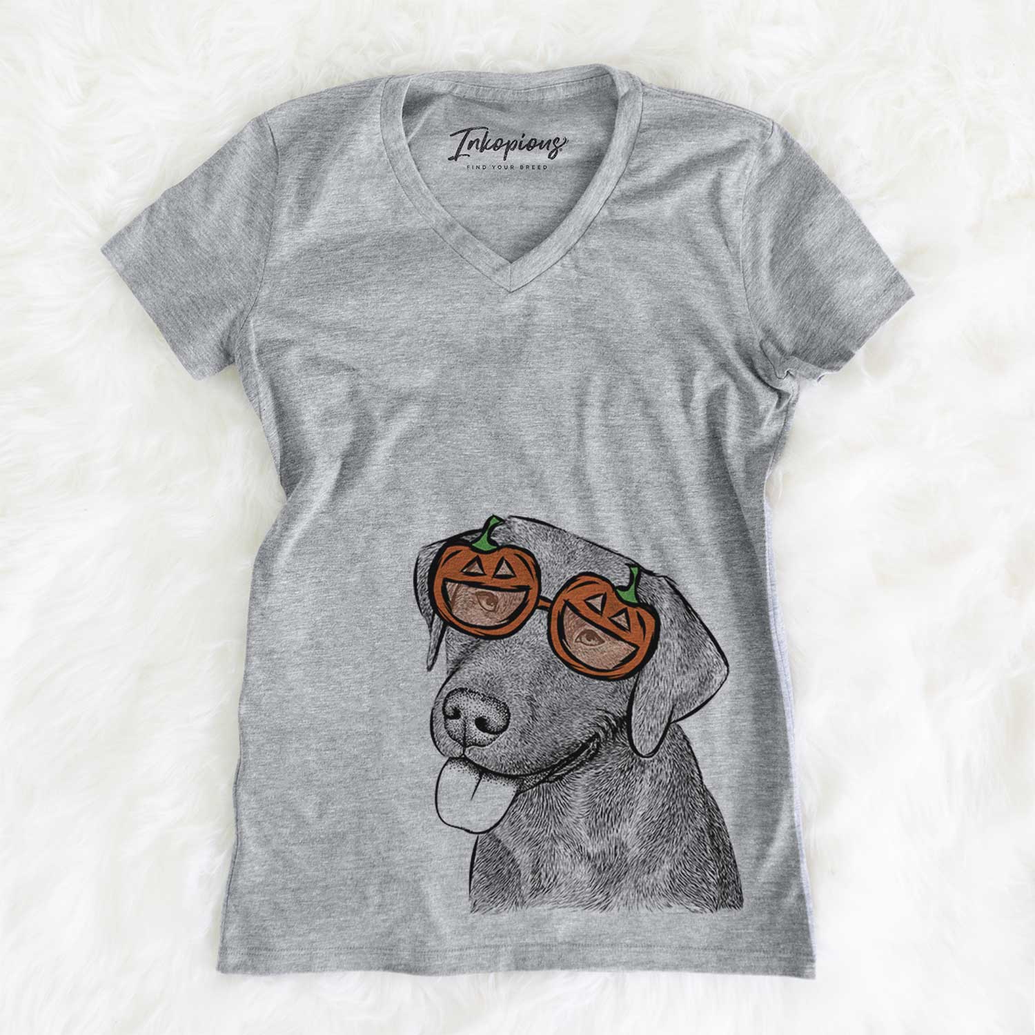 Hand-drawn sketch of Zeppelin the Black Labrador wearing pumpkin glasses on a Grey pumpkin collection