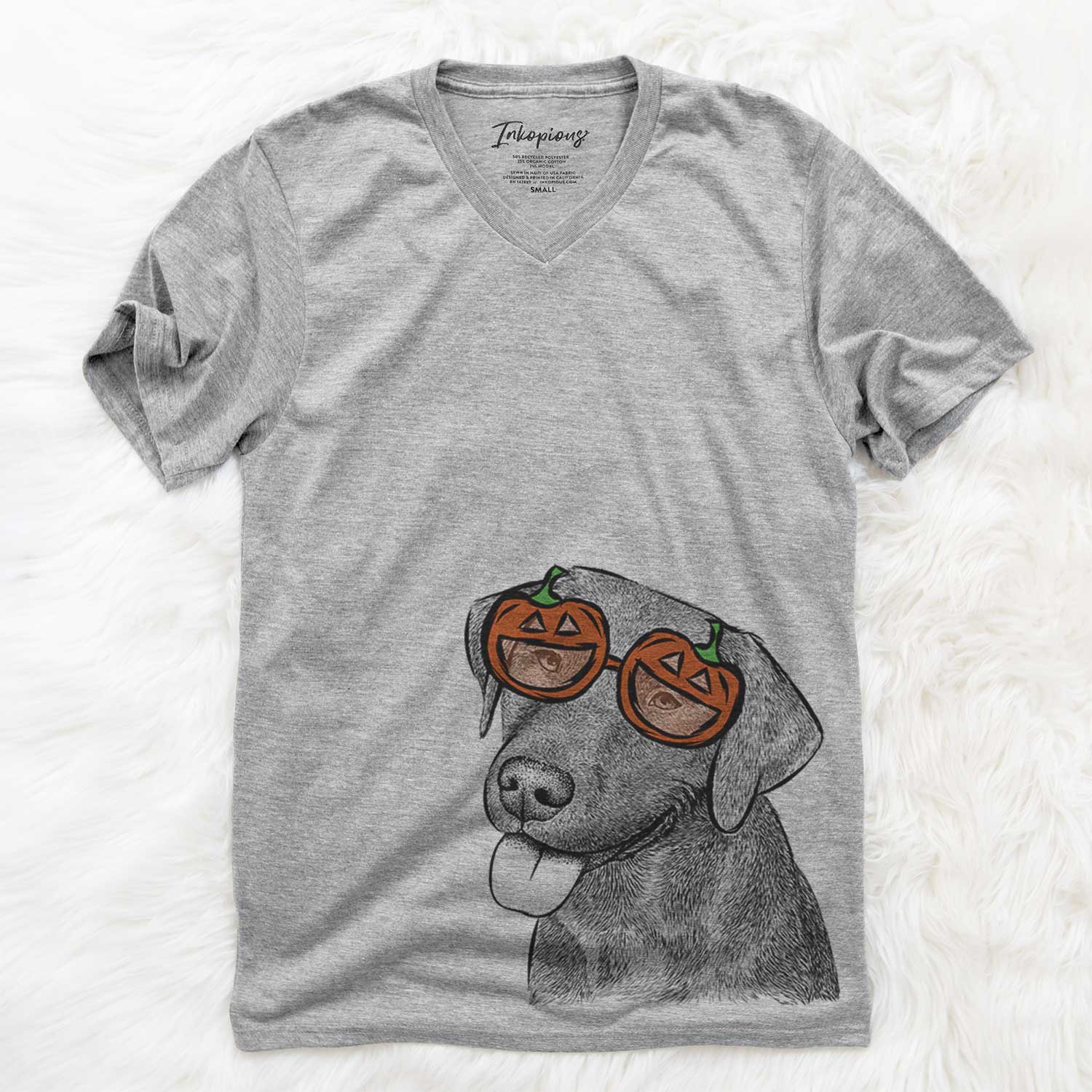 Hand-drawn sketch of Zeppelin the Black Labrador wearing pumpkin glasses on a Grey pumpkin collection