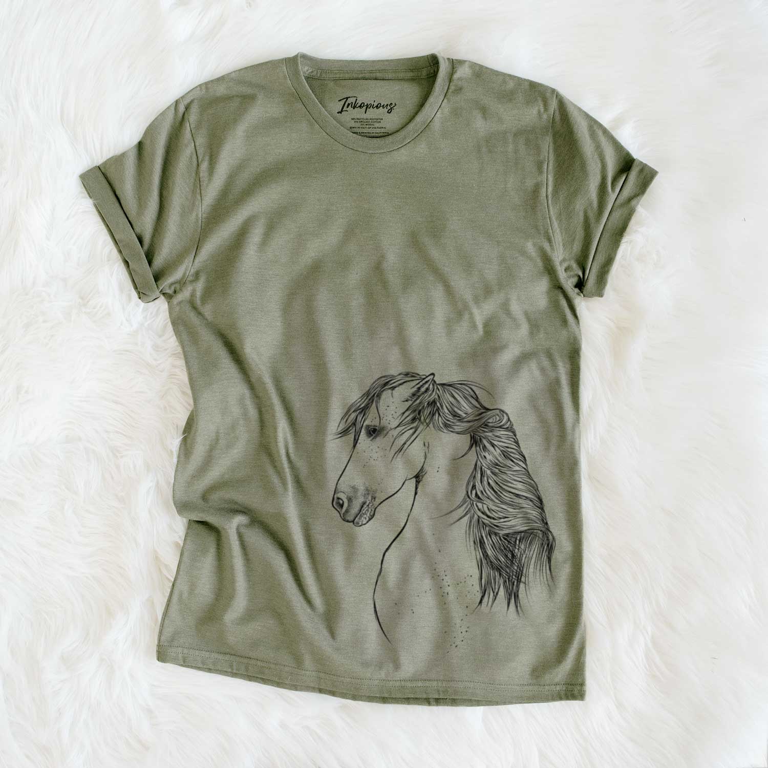 Side-profile sketch of a Berber Horse on an Olive Unisex crewneck