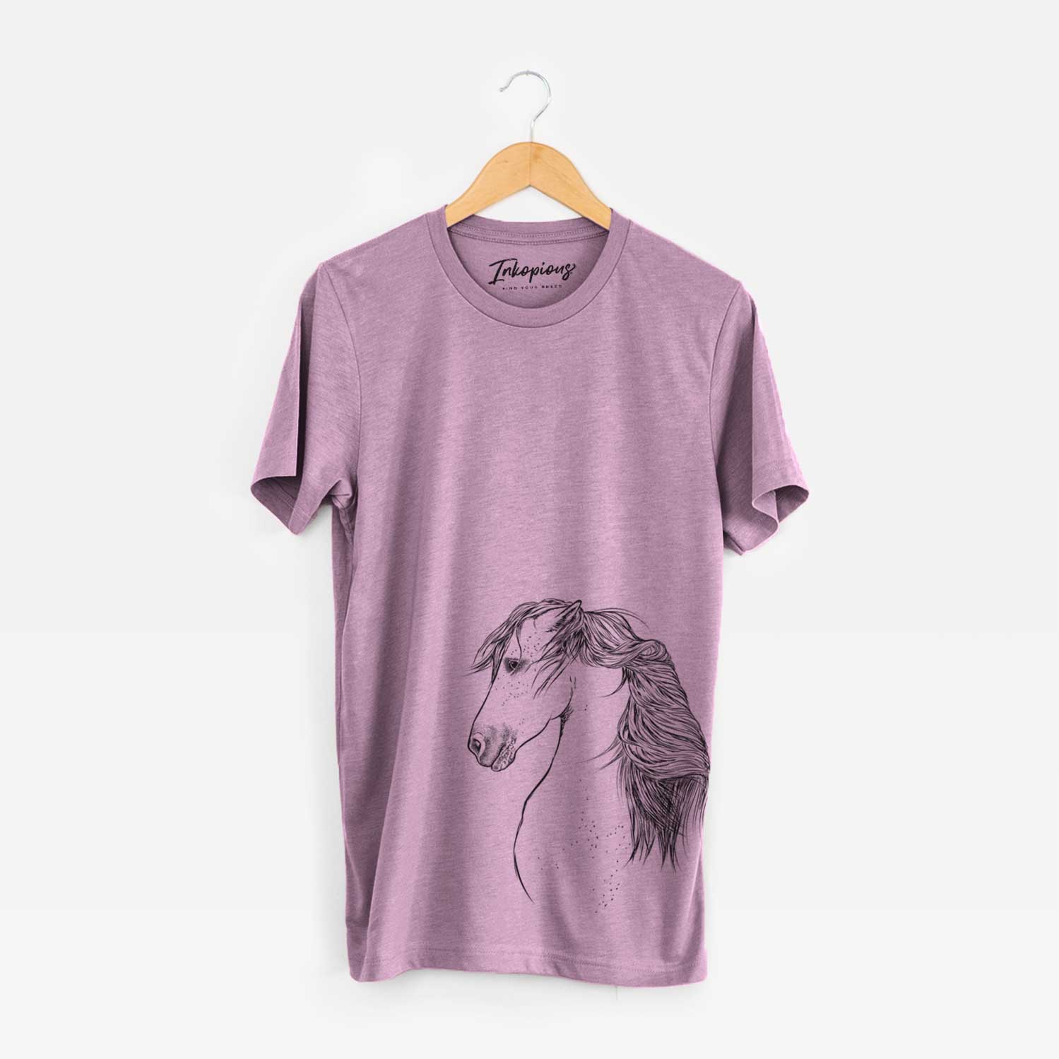 Side-profile sketch of a Berber Horse on an Orchid Unisex crewneck