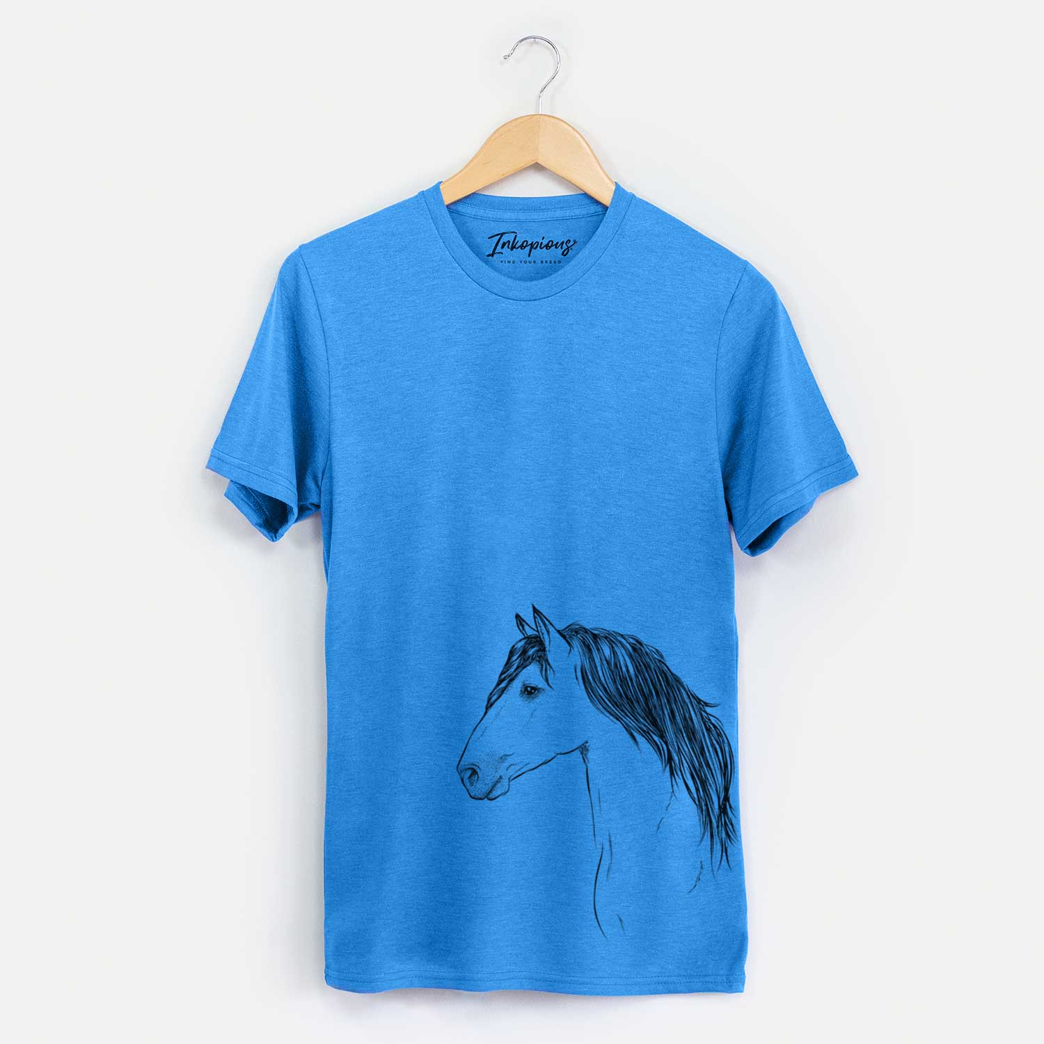 Side-profile sketch of a Buckskin Horse on a Blue Unisex crewneck
