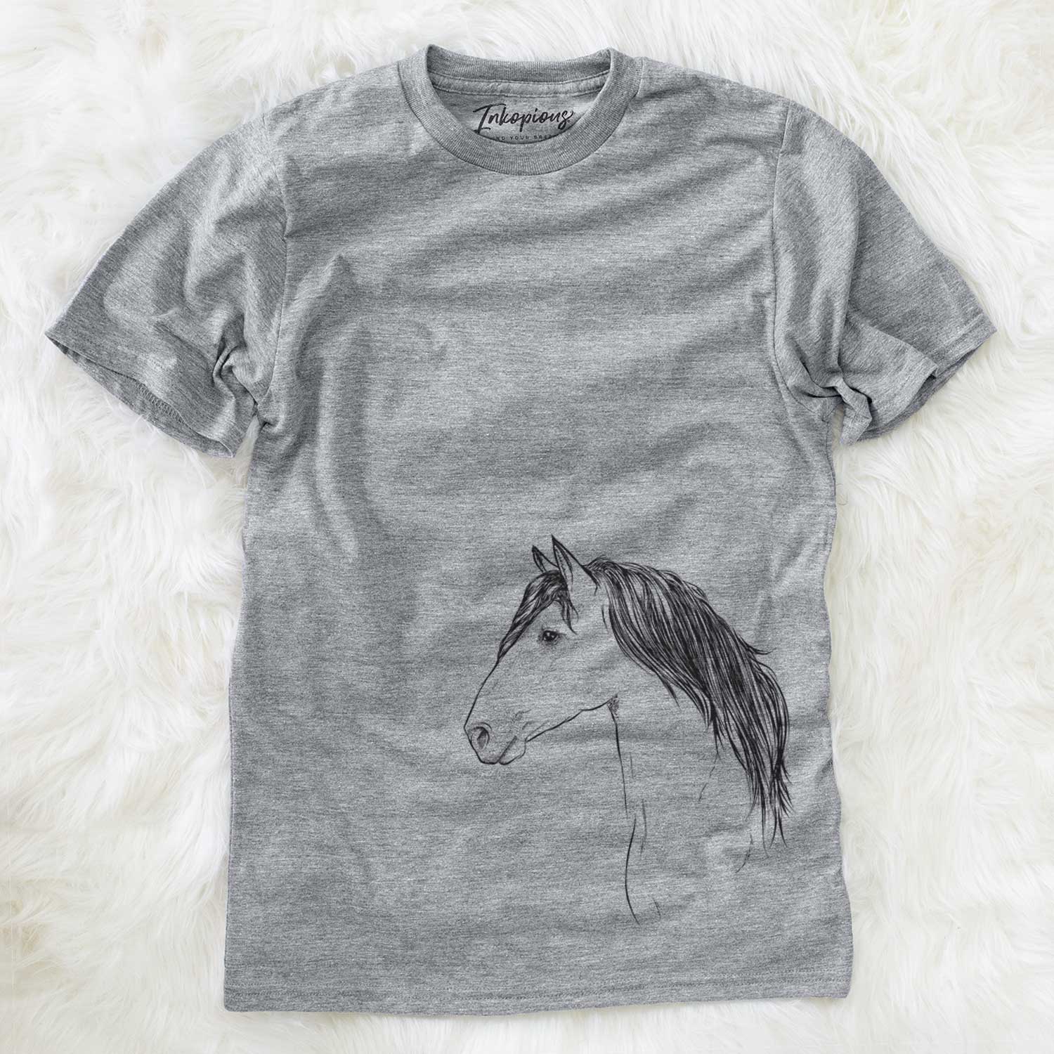 Side-profile sketch of a Buckskin Horse on a Grey Unisex crewneck