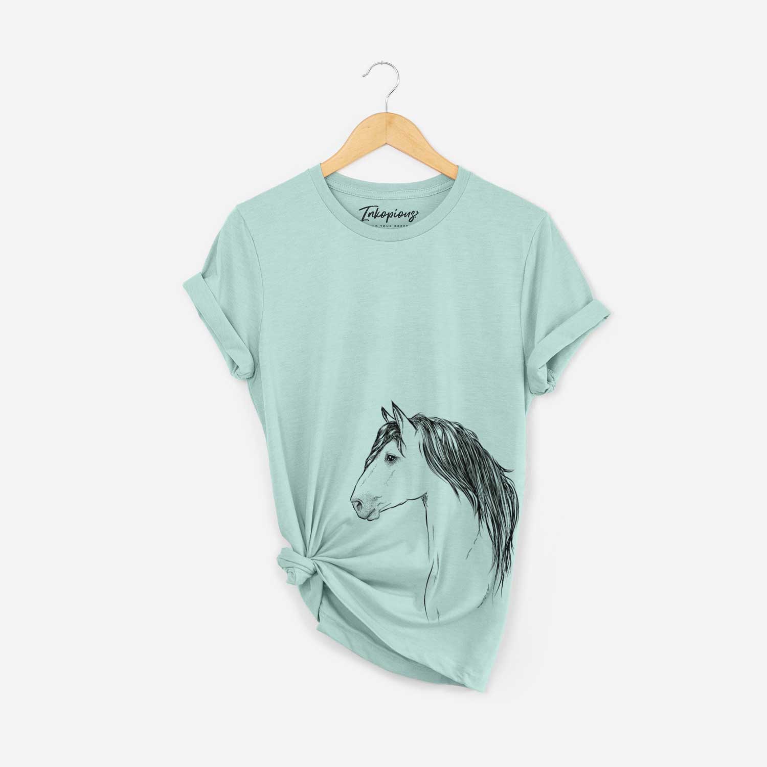 Side-profile sketch of a Buckskin Horse on a Heather Sage Unisex crewneck