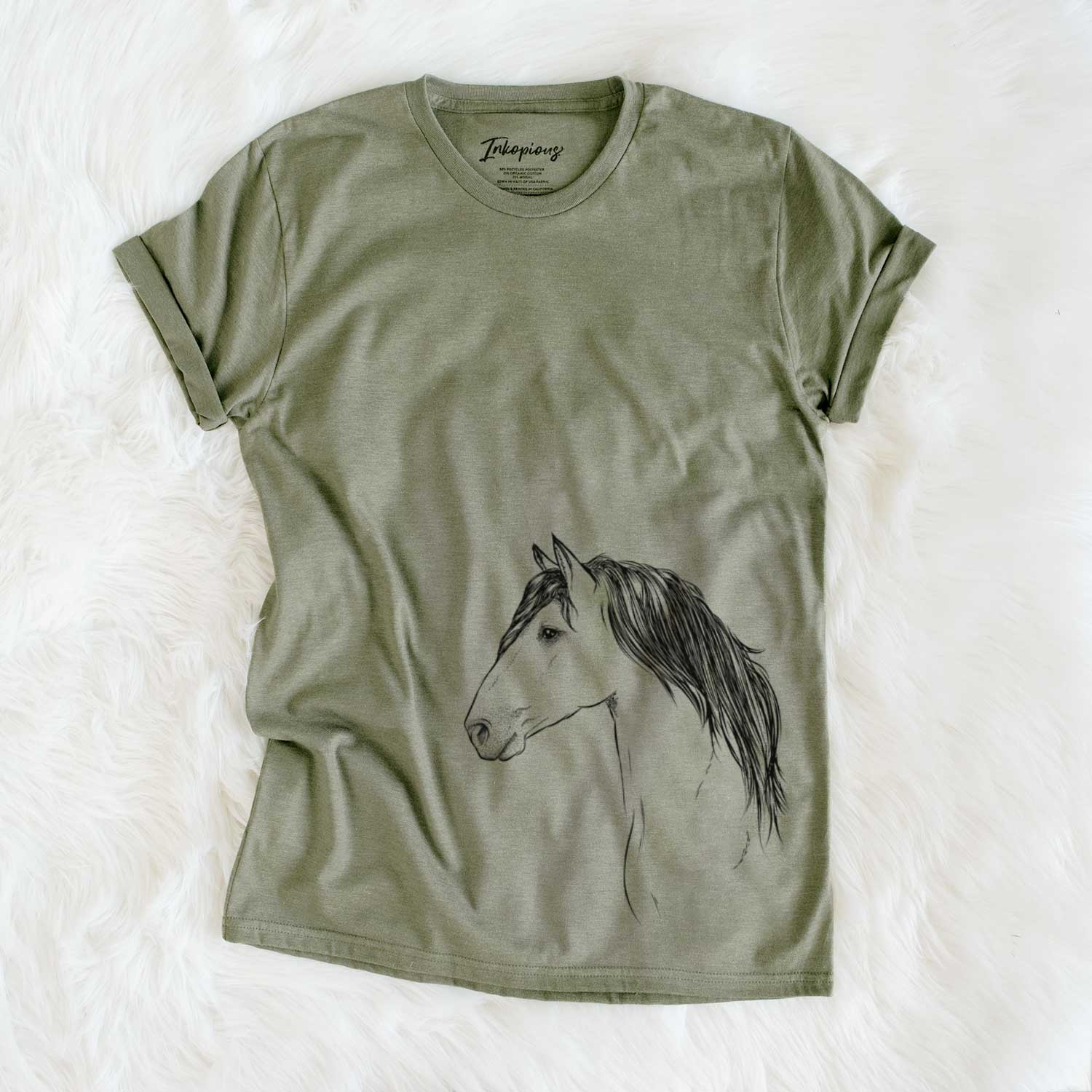 Side-profile sketch of a Buckskin Horse on an Olive Unisex crewneck