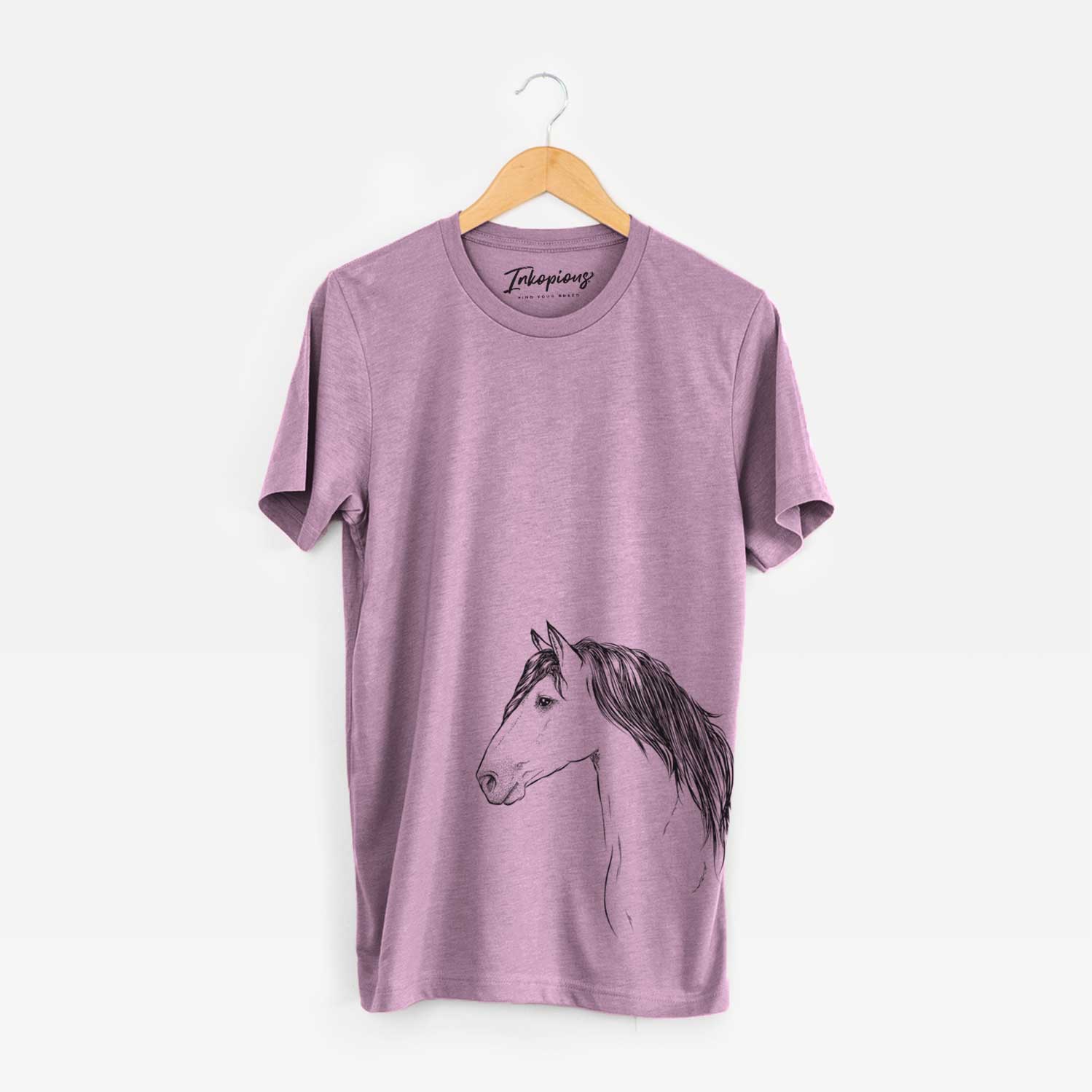 Side-profile sketch of a Buckskin Horse on an Orchid Unisex crewneck