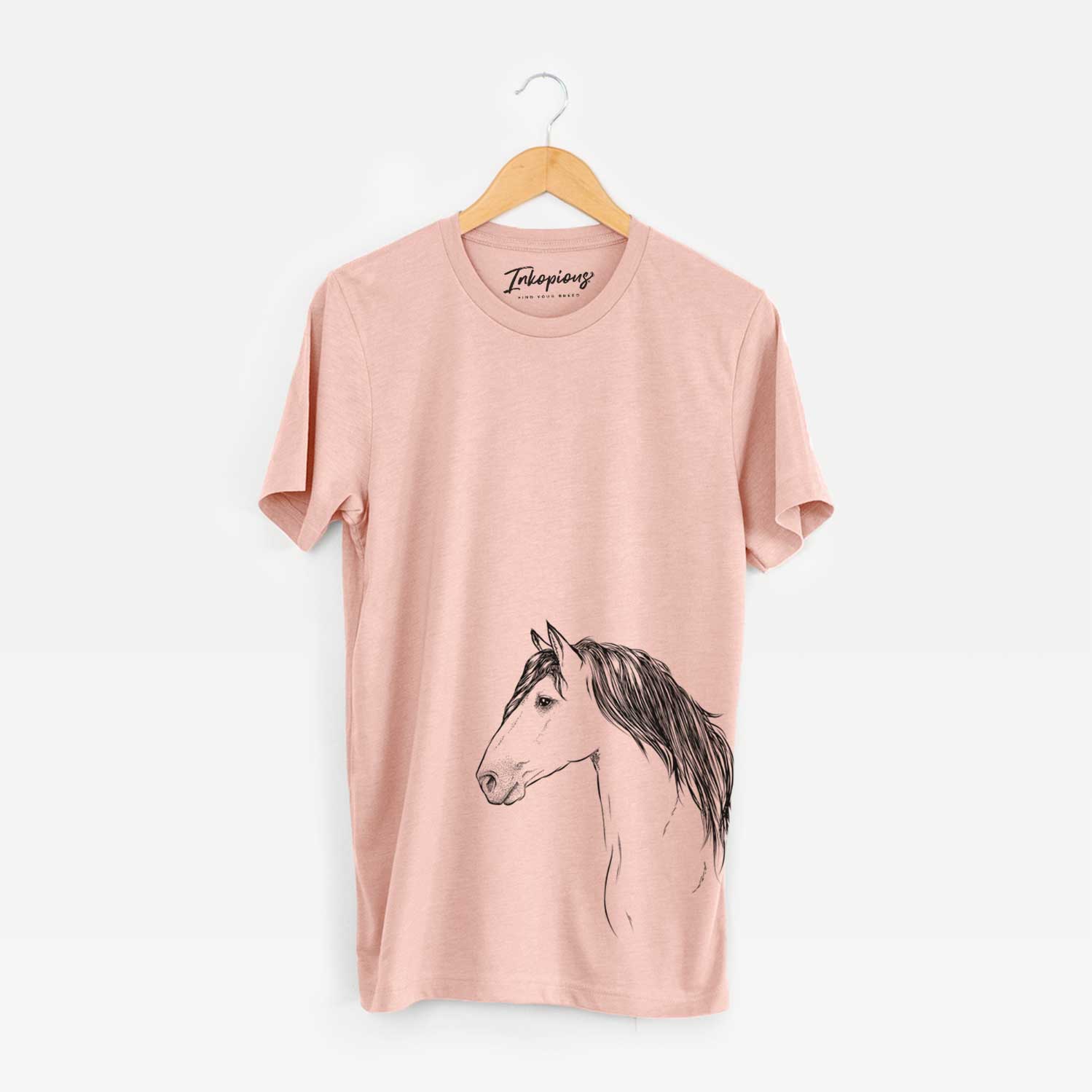 Side-profile sketch of a Buckskin Horse on a Peach Unisex crewneck