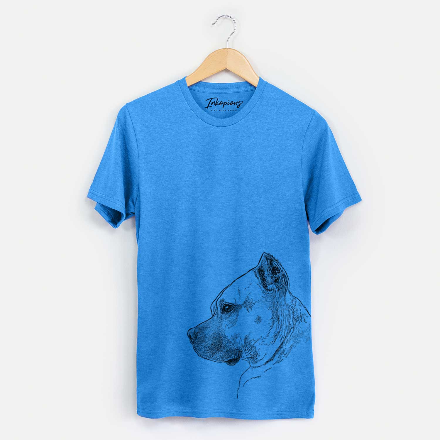 Side-profile sketch of Henry the American Staffordshire Terrier on a Blue Unisex crewneck
