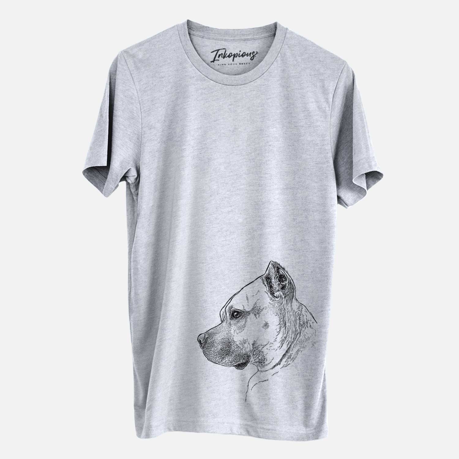Side-profile sketch of Henry the American Staffordshire Terrier on a Grey Unisex crewneck