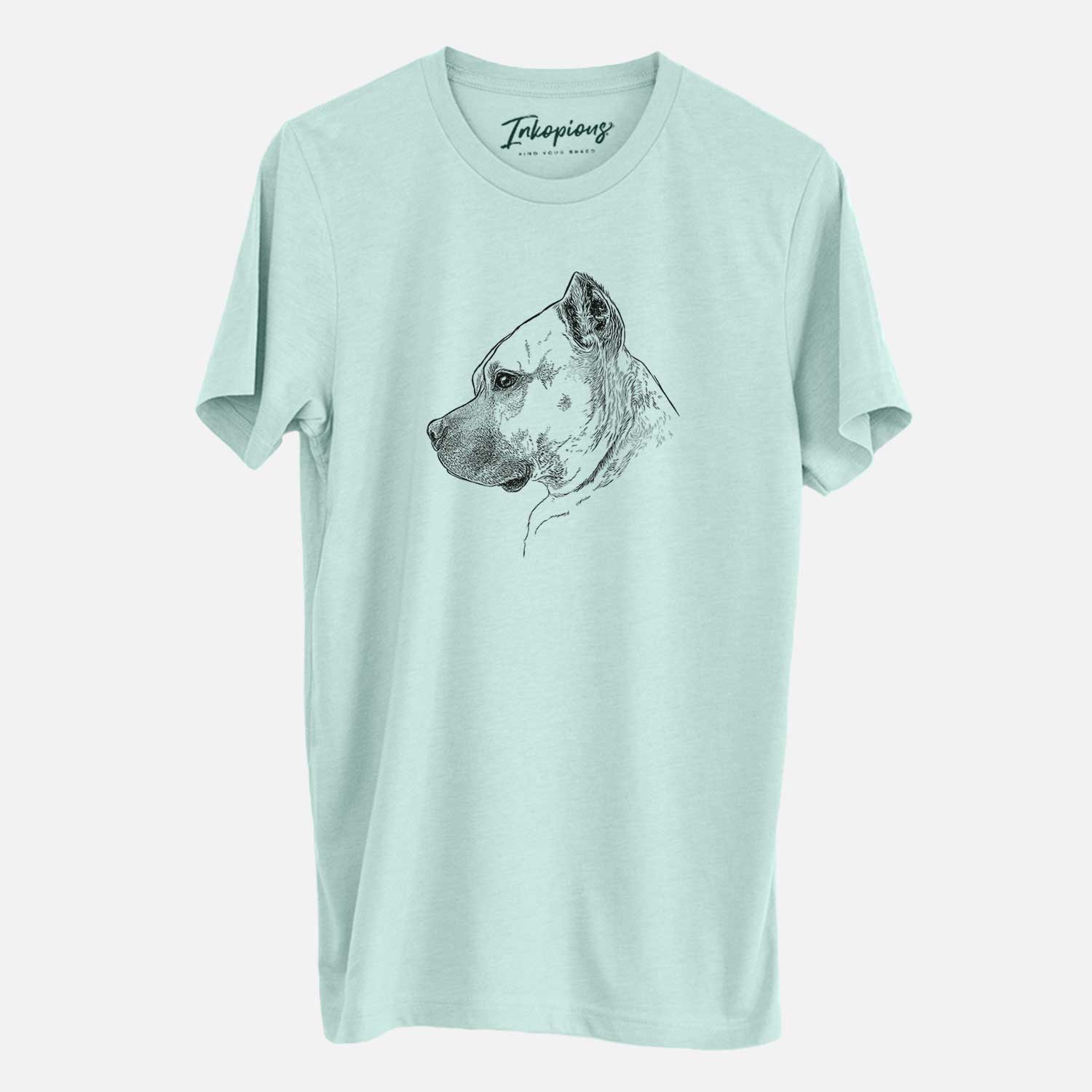 Side-profile sketch of Henry the American Staffordshire Terrier on a Heather Sage Unisex crewneck