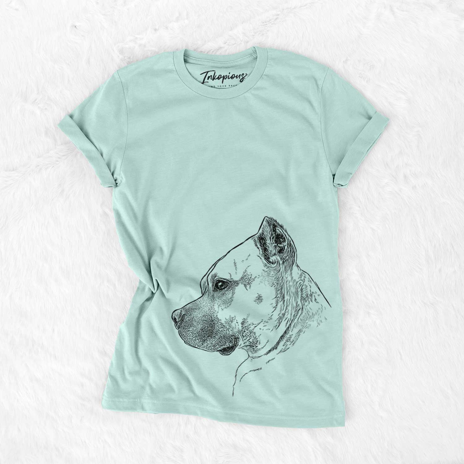 Side-profile sketch of Henry the American Staffordshire Terrier on a Heather Sage Unisex crewneck
