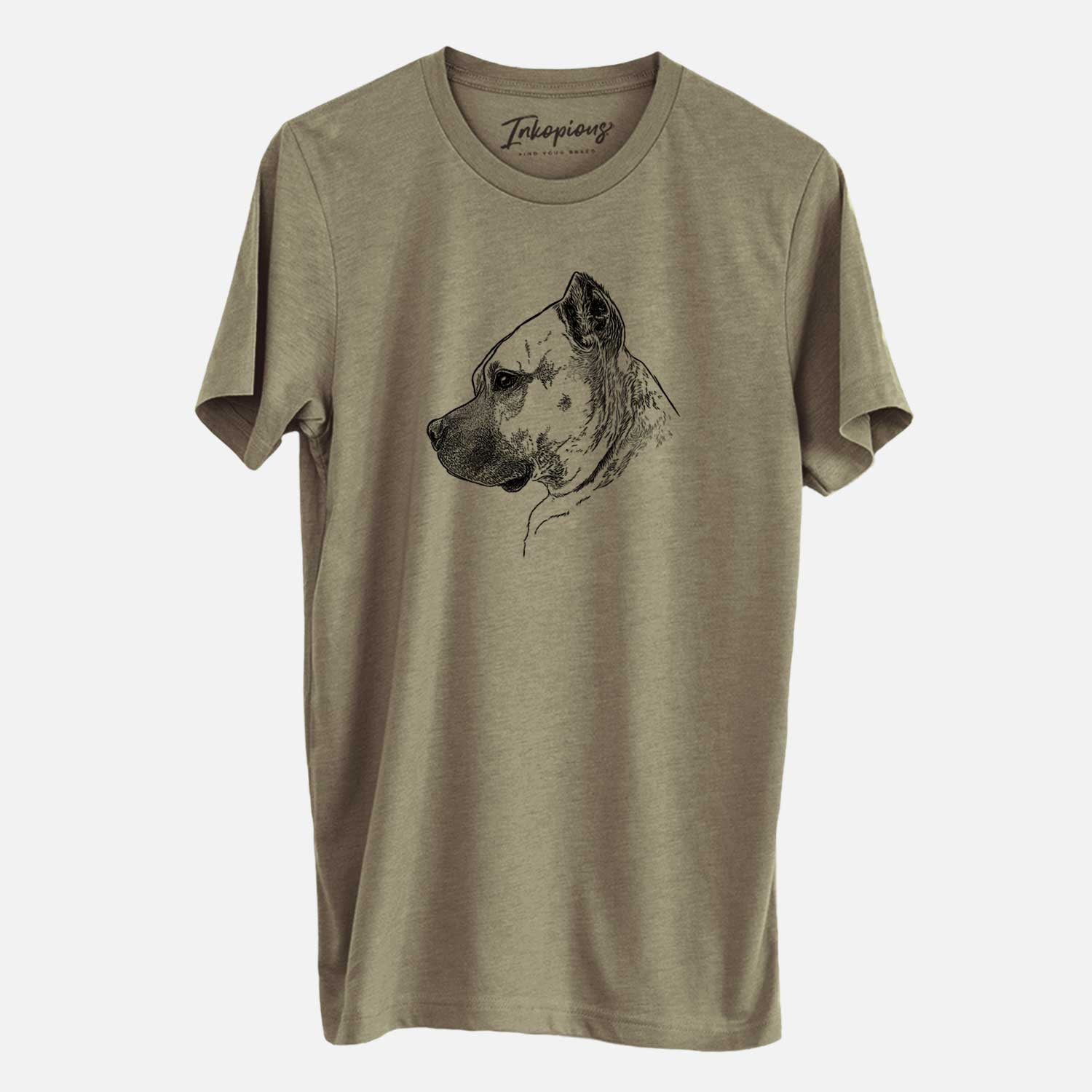 Side-profile sketch of Henry the American Staffordshire Terrier on an Olive Unisex crewneck