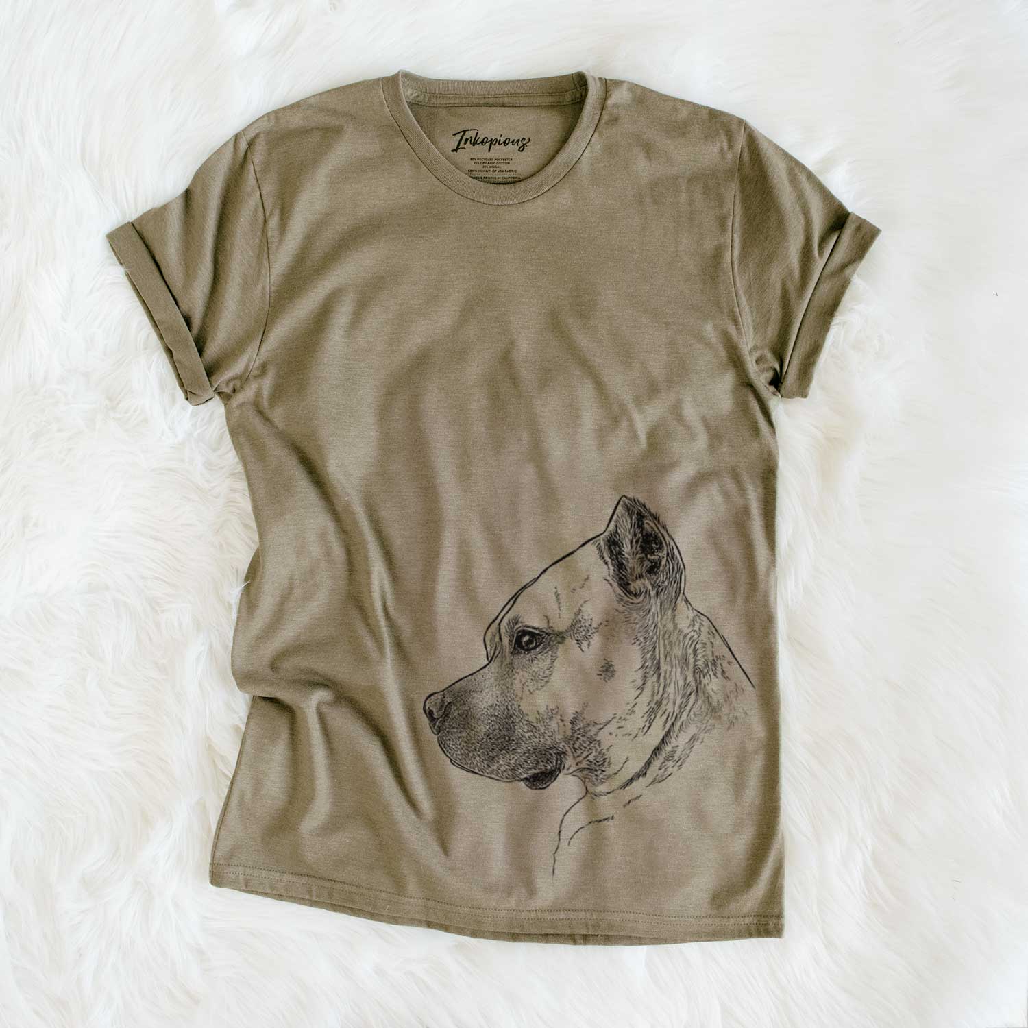 Side-profile sketch of Henry the American Staffordshire Terrier on an Olive Unisex crewneck
