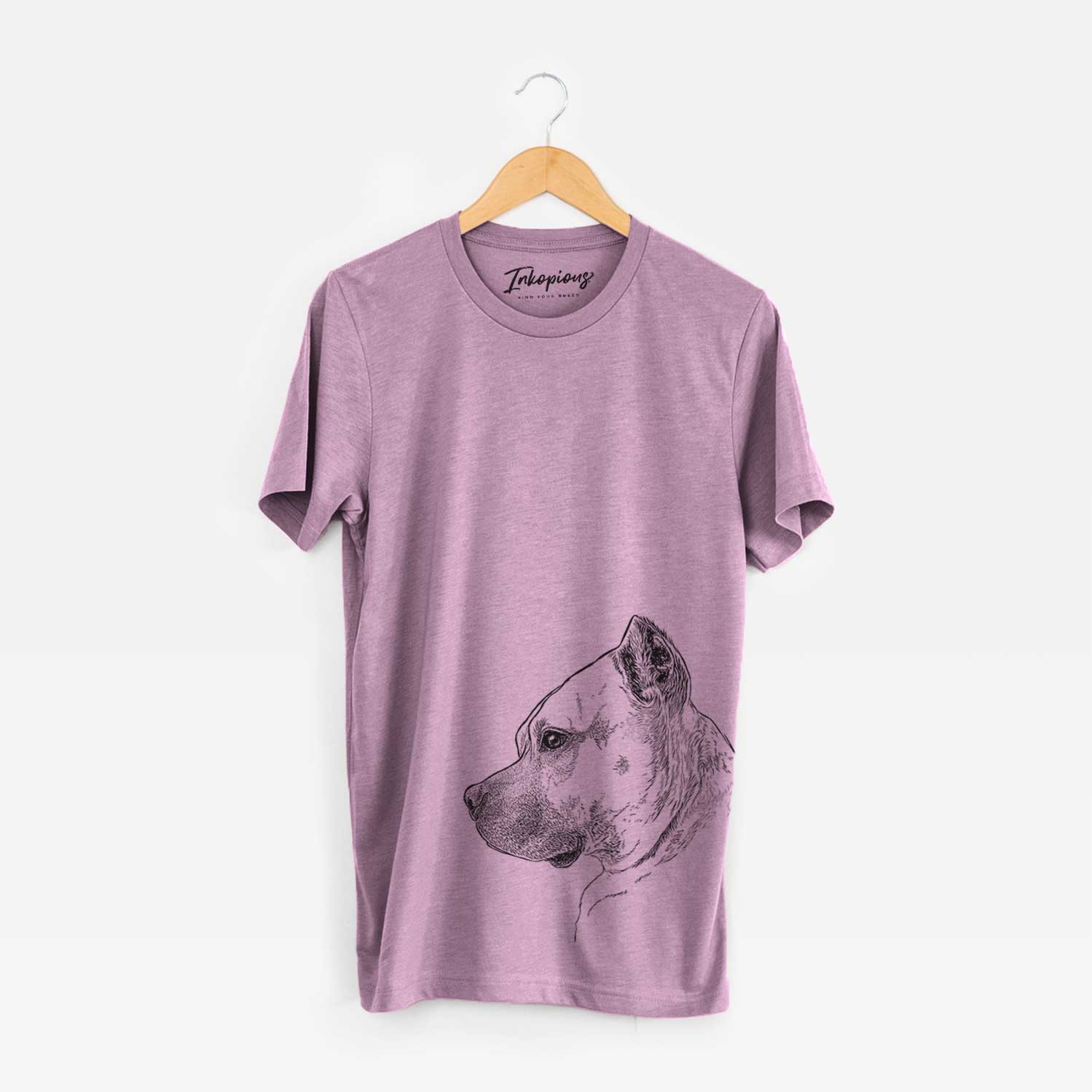 Side-profile sketch of Henry the American Staffordshire Terrier on an Orchid Unisex crewneck