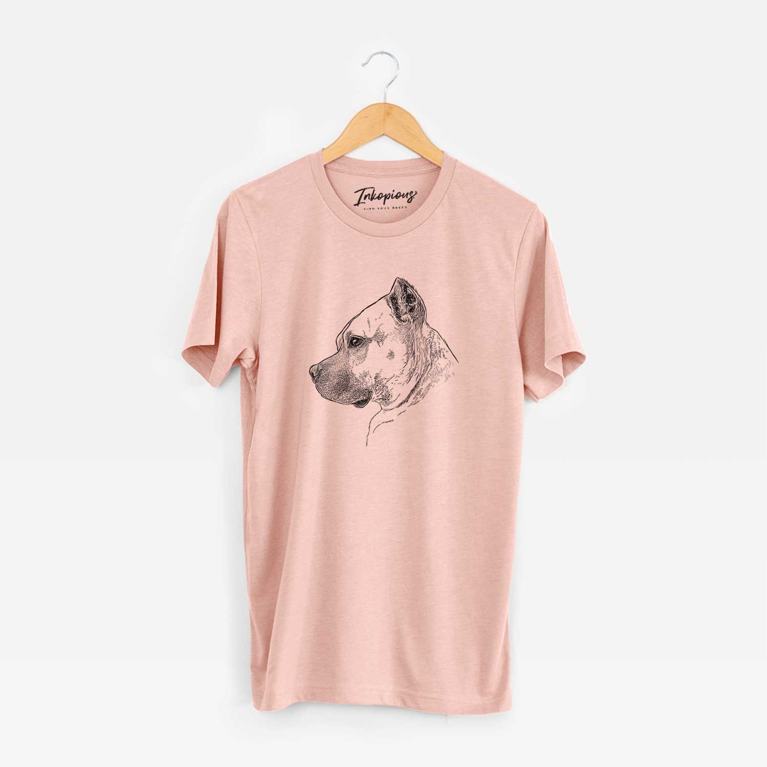 Side-profile sketch of Henry the American Staffordshire Terrier on a Peach Unisex crewneck