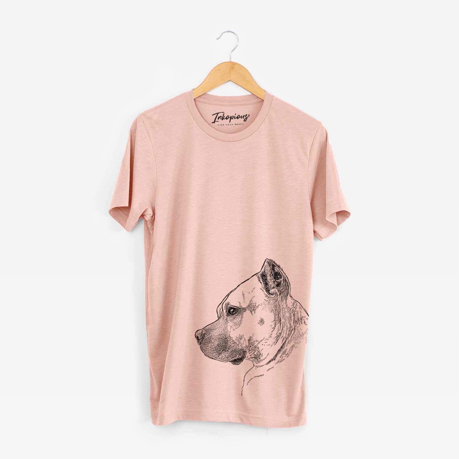 Side-profile sketch of Henry the American Staffordshire Terrier on a Peach Unisex crewneck