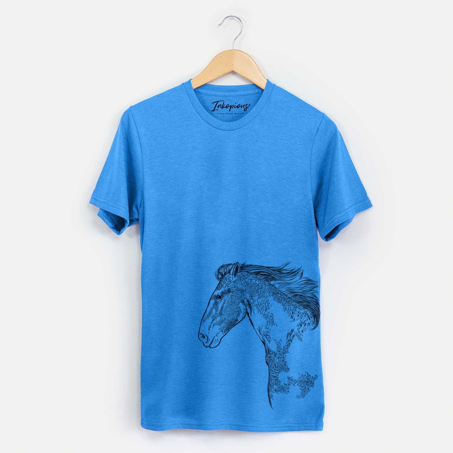 Side-profile sketch of a Paint Horse on a Blue Unisex crewneck