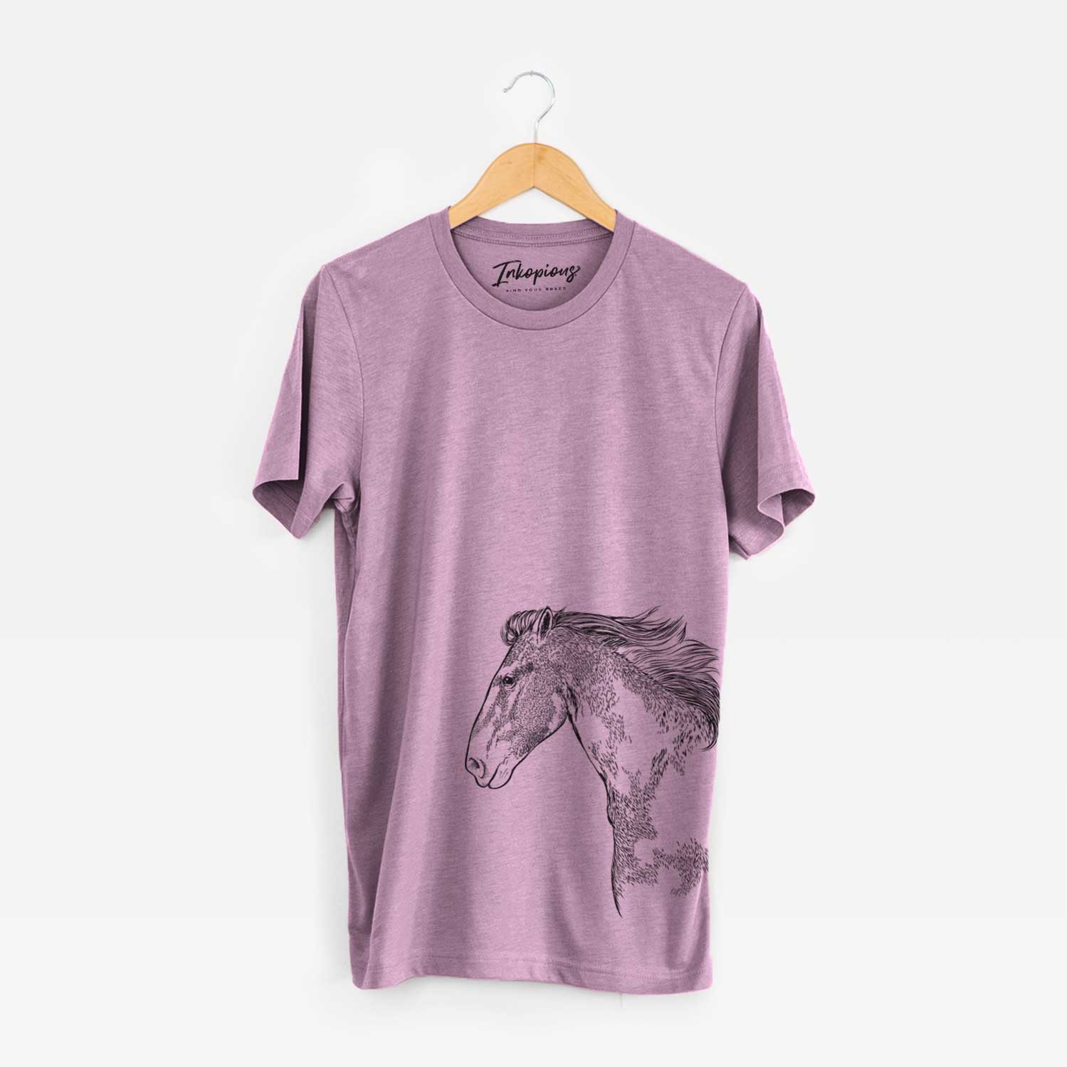 Side-profile sketch of a Paint Horse on an Orchid Unisex crewneck