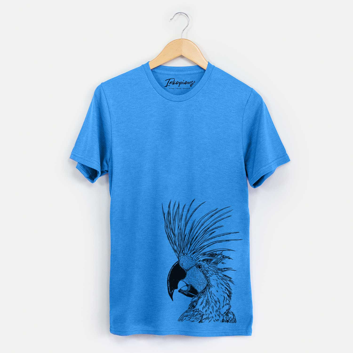Side-profile sketch of a Palm Cockatoo on a Blue Unisex crewneck