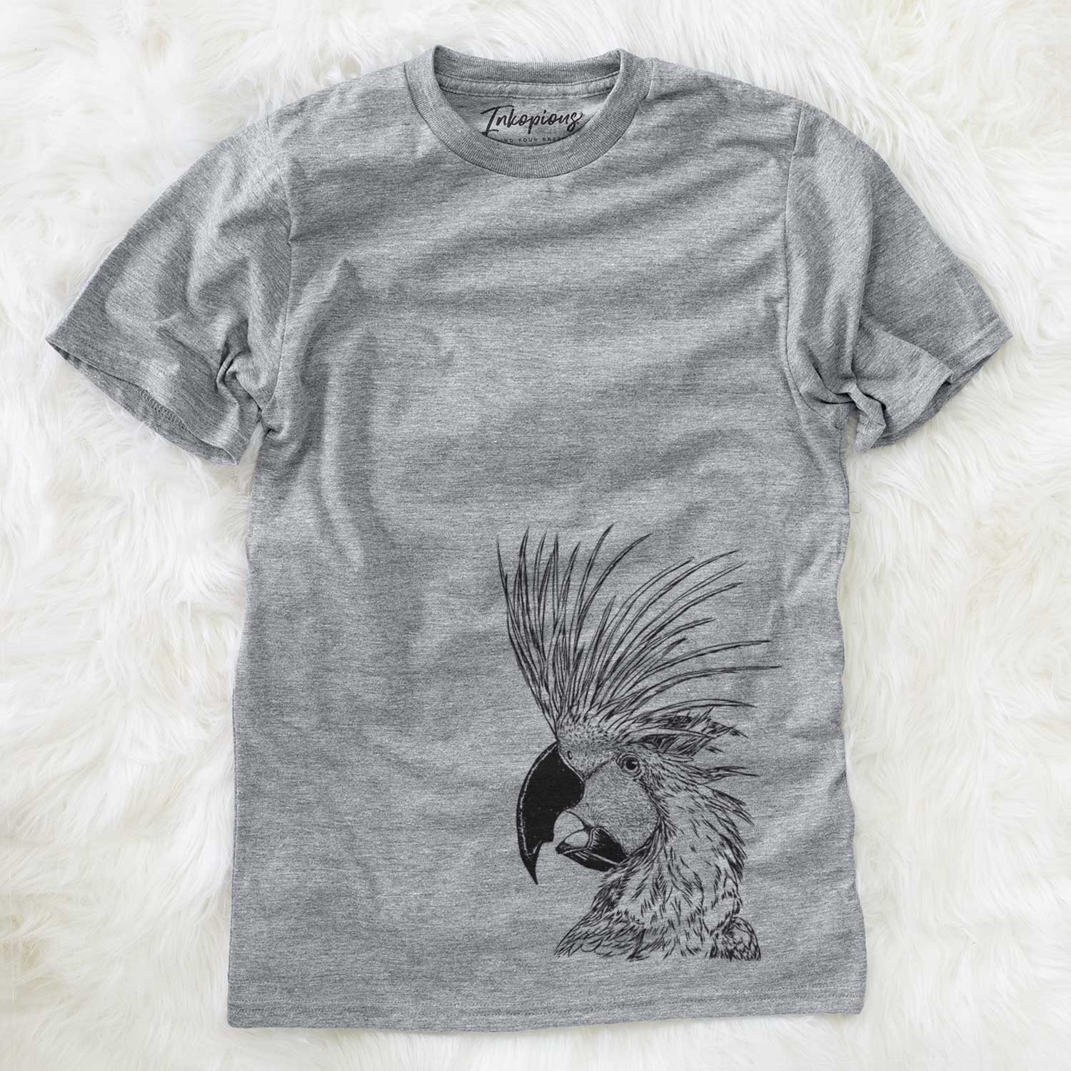 Side-profile sketch of a Palm Cockatoo on a Grey Unisex crewneck