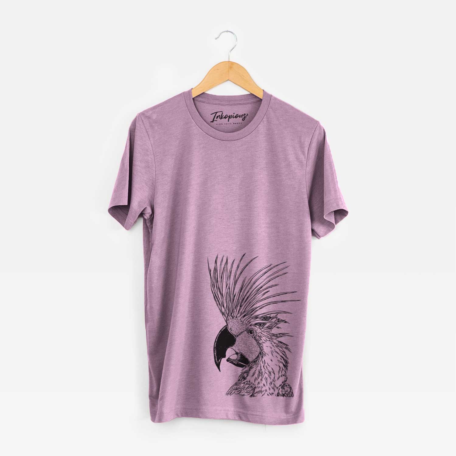 Side-profile sketch of a Palm Cockatoo on an Orchid Unisex crewneck