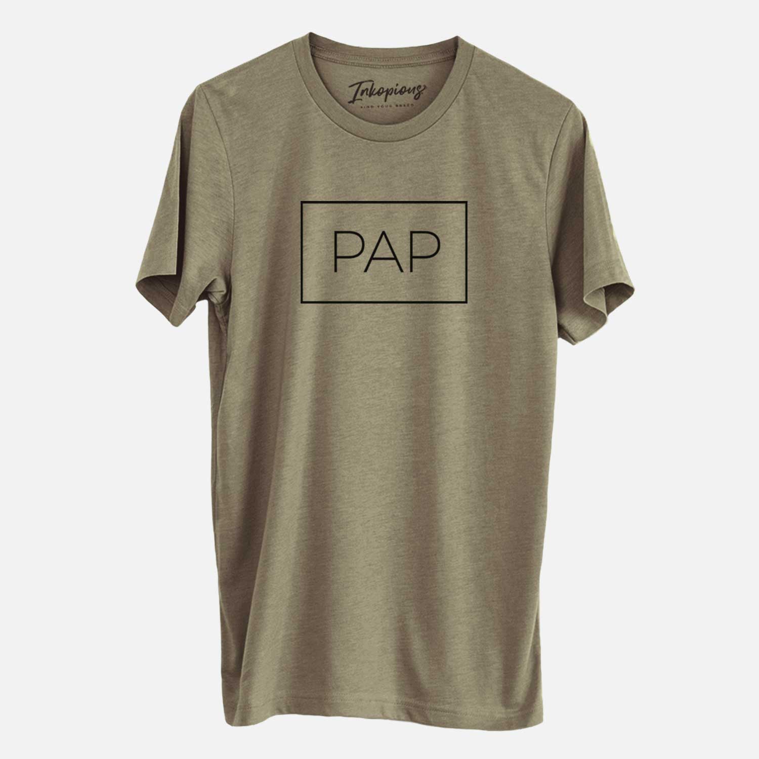 'Pap Boxed' design on an Olive Unisex crewneck