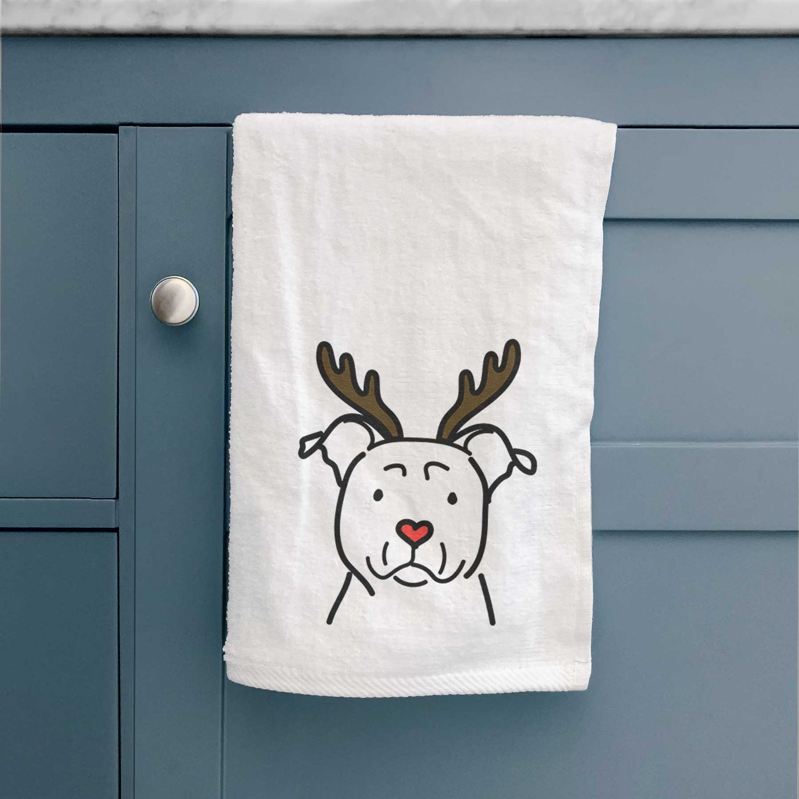 Minimalist line drawing of an American Staffordshire Terrier with reindeer antlers and a red nose on a decorative hand towel